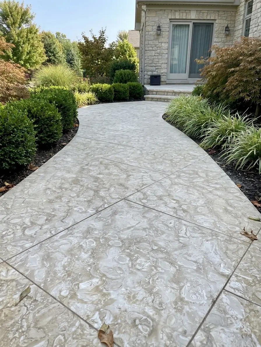 Curving Stamped Concrete Walkway to Home A winding stamped concrete walkway leads to the entrance of a home with lush landscaping, relevant to travertine grout line size.