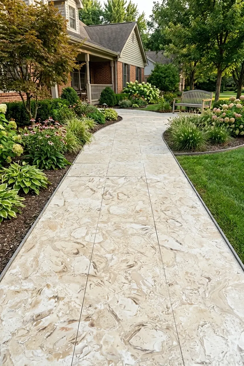 Curving Stone Paver Walkway to House Curving pathway of light travertine pavers leads to a brick home's entrance, shown for 3cm stone.