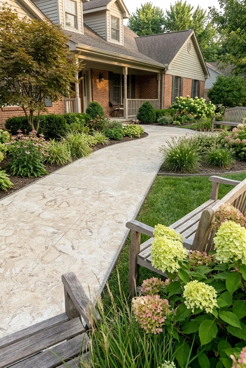 Curving Stone Walkway to Brick House A curving stamped concrete walkway leads to a brick home entrance, featuring stone-like patterns, a reference for 3cm stone.