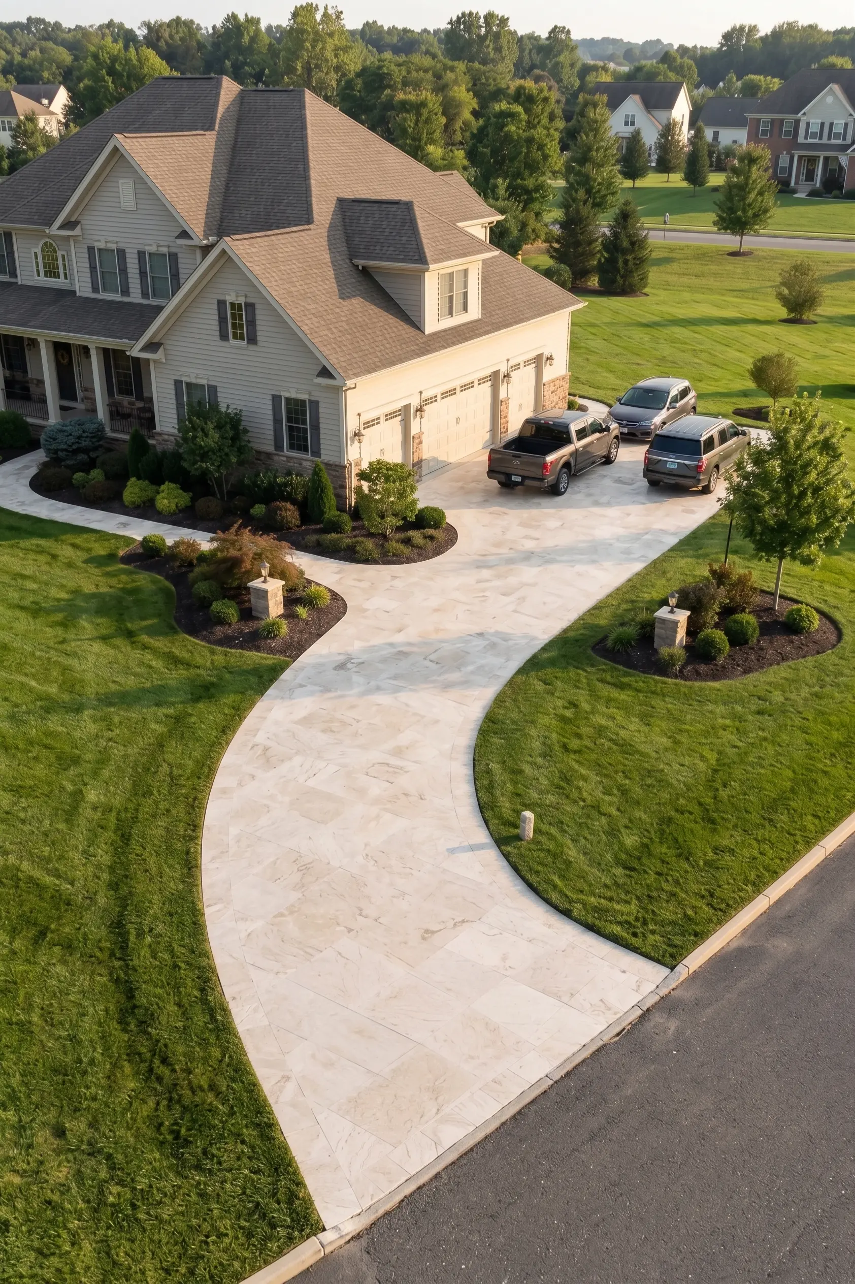 Curving driveway leading to a large modern home Expansive cream-colored travertine pavers form a curved driveway leading to a suburban home.