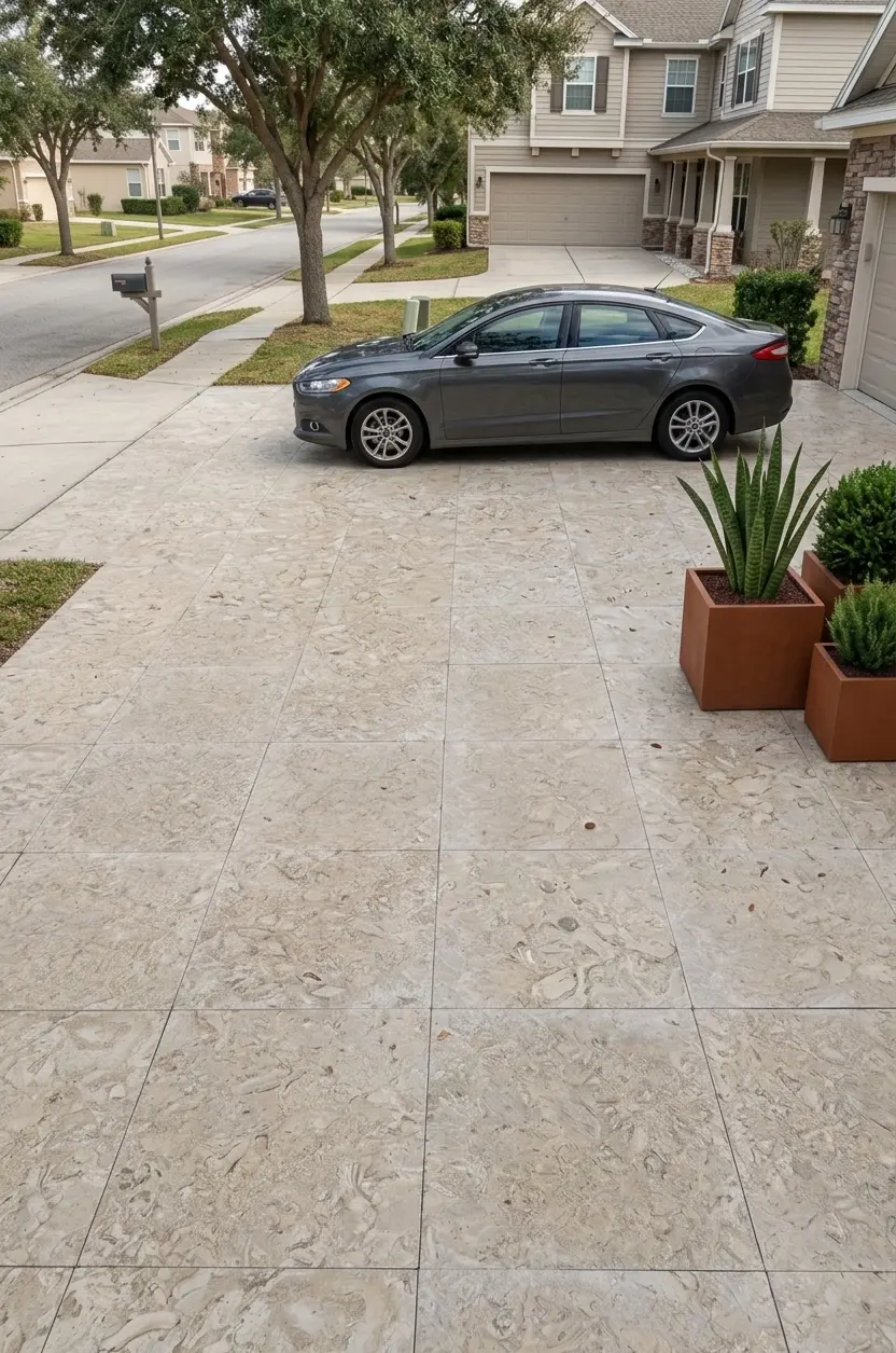 Driveway and Suburban Home Exterior Travertine pavers driveway leading to a modern suburban home with a parked car, relevant to uneven 3cm stone pavers.