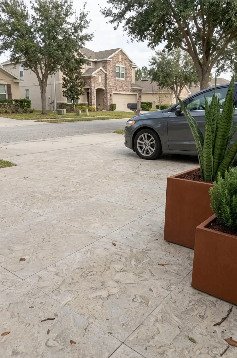 Driveway surface with potted plants Modern gray car parked on a textured travertine driveway surface with potted plants, relevant to uneven 3cm stone pavers.