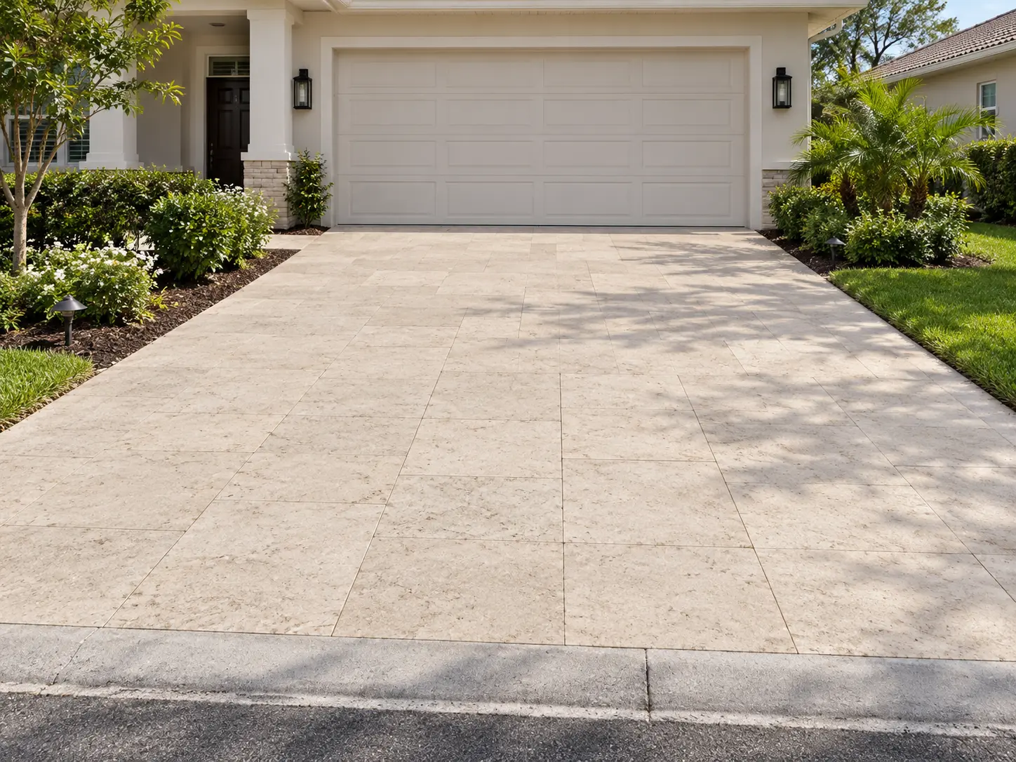 Marble pavers form a textured driveway leading to a garage entrance, an example for snow white marble fading.