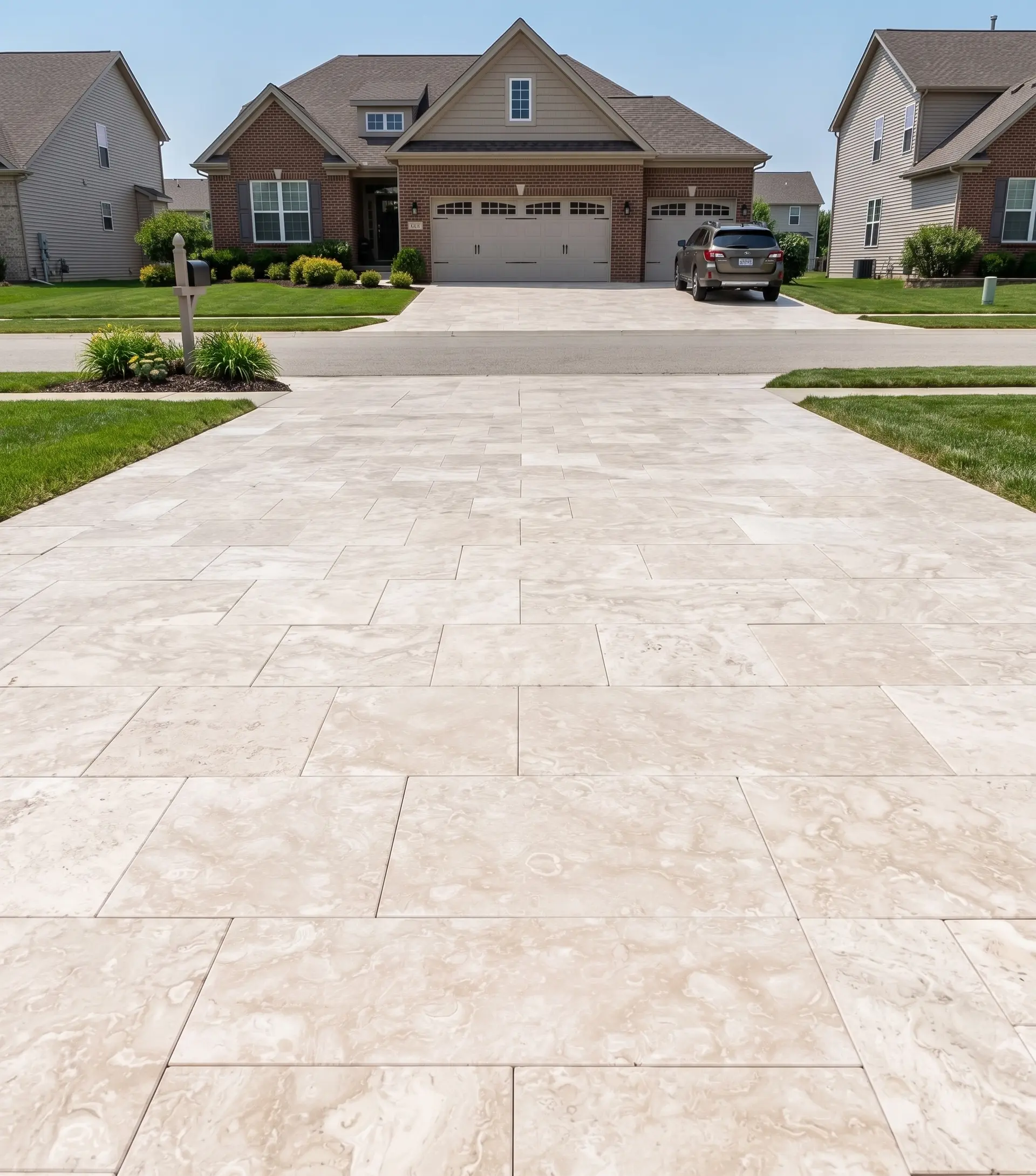 Light-colored travertine pavers installed on a residential driveway with a subtle swirling pattern.