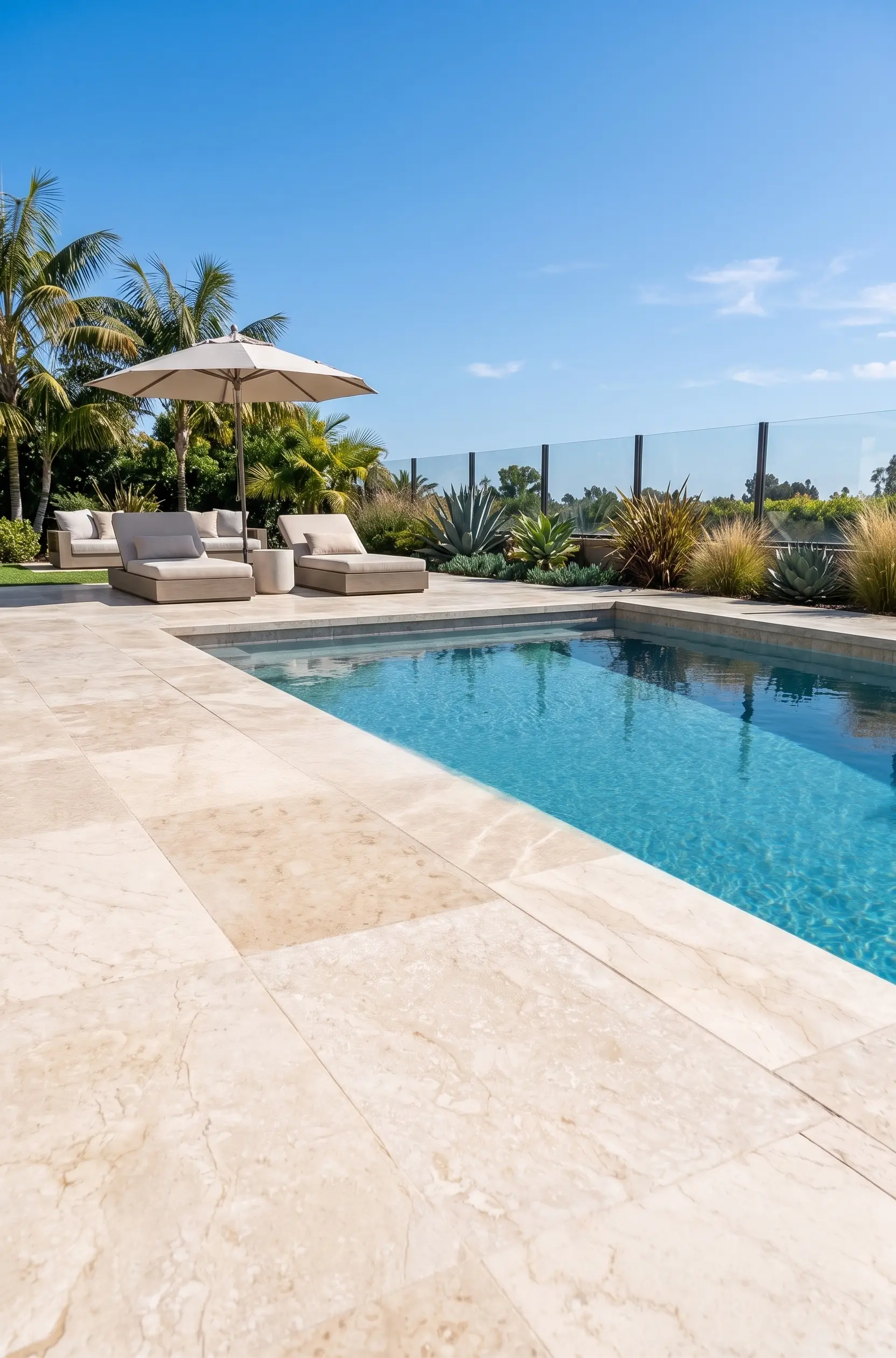 Luxury Poolside Loungers Under Palm Trees Luxurious travertine pavers surround a bright blue swimming pool with loungers, an example for where to buy travertine pavers.