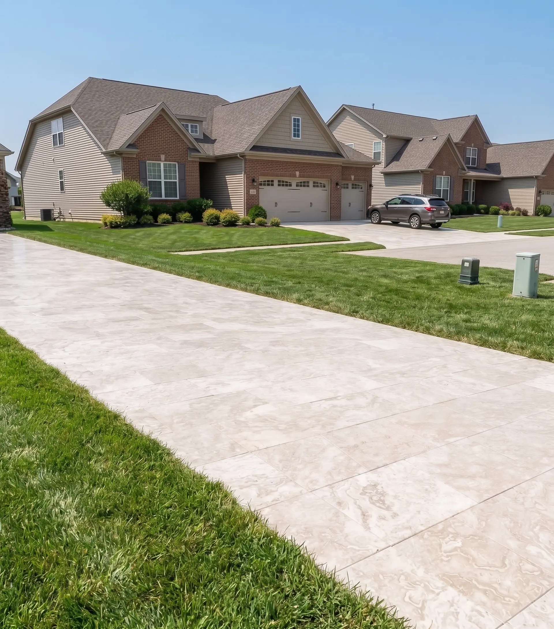 Expansive travertine pavers driveway leading to modern suburban homes under a clear sky.