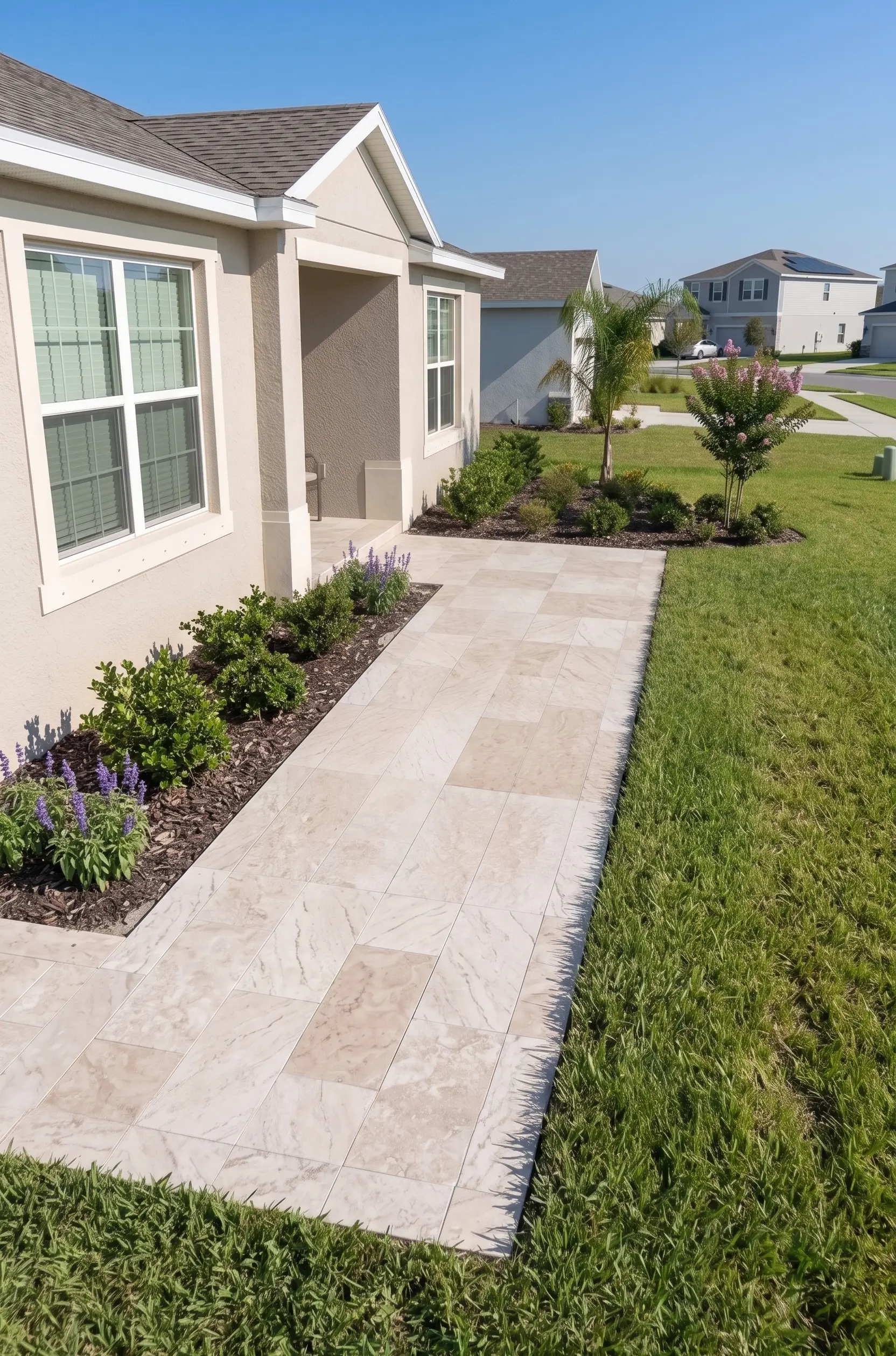 Light beige travertine pavers create a walkway alongside lush green grass and landscaping.