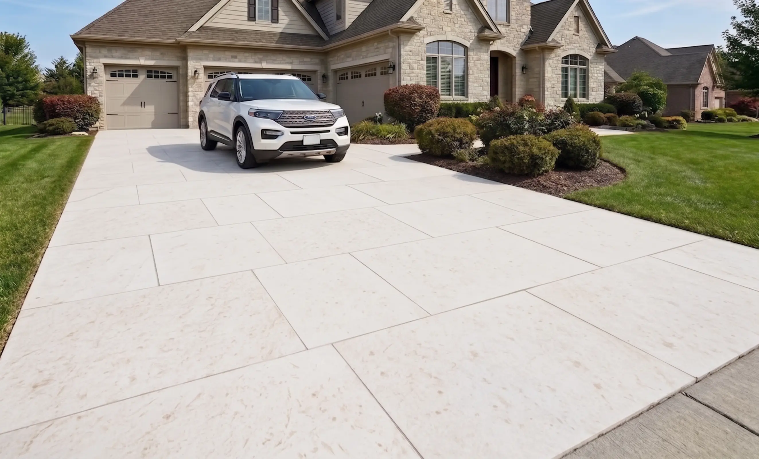 Modern Suburban Home Driveway and Landscaping A white Ford Explorer parked on a light-colored marble paver driveway in front of a stone house, a reference for marble pavers cost.