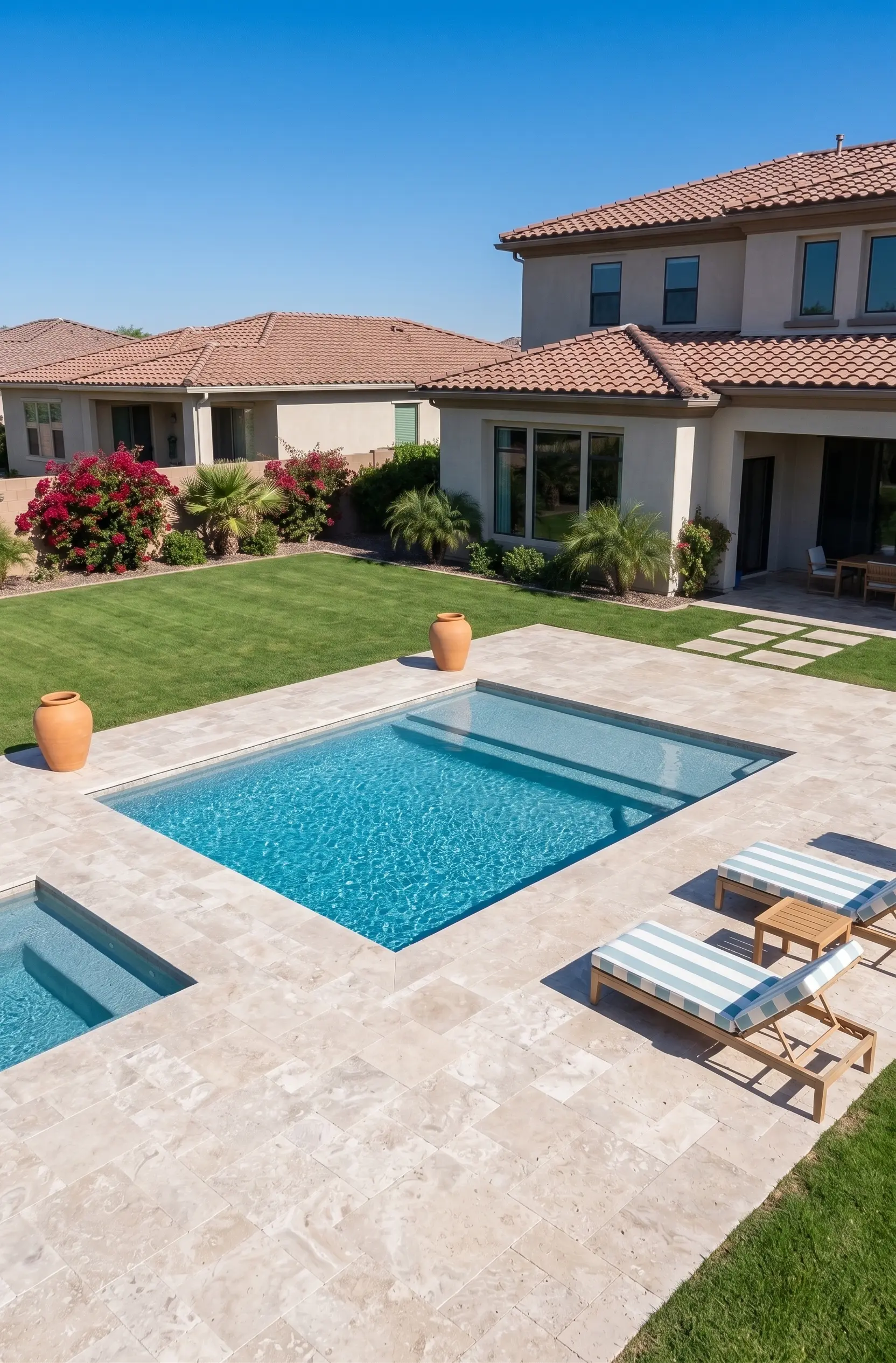 Travertine pavers surround a rectangular swimming pool with attached spa in a backyard.