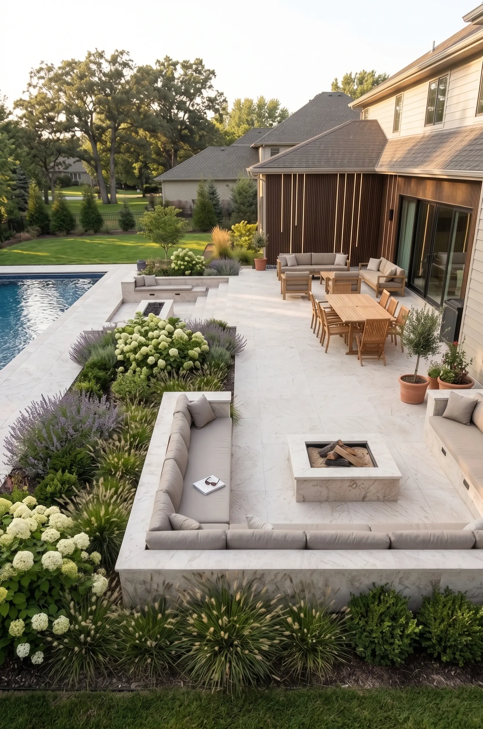 Luxurious outdoor patio with L-shaped seating and travertine pavers beside pool, a reference for large travertine slabs.