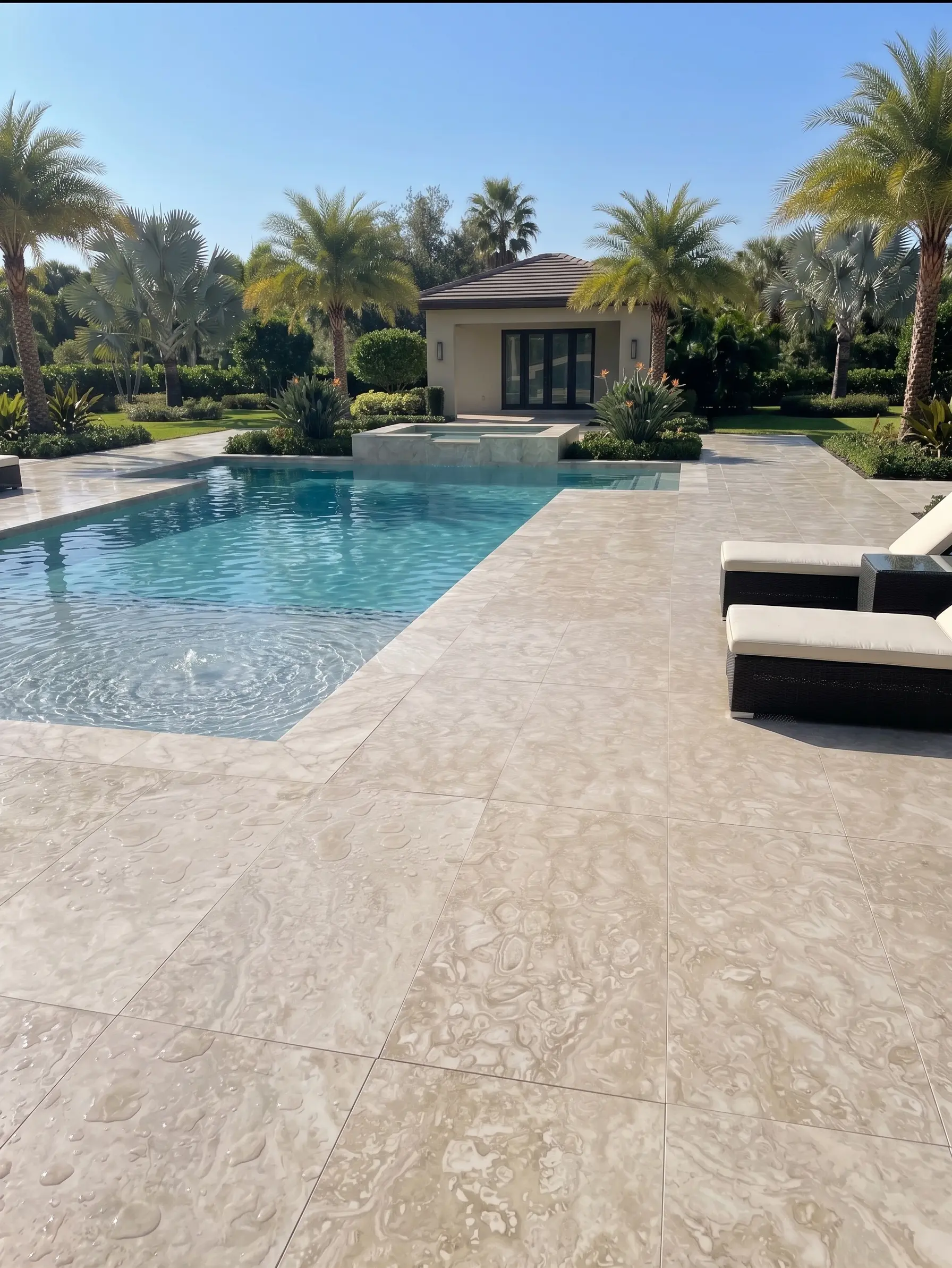 Elegant beige travertine pavers surrounding a bright blue swimming pool with palm trees.