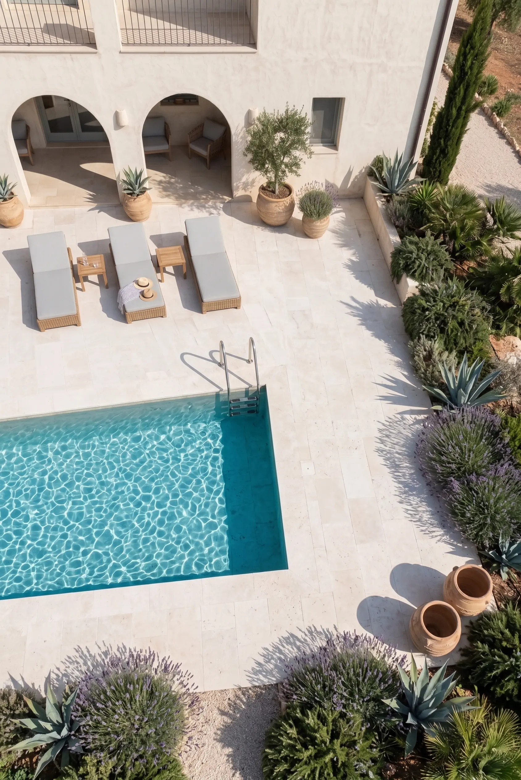 Modern villa courtyard with swimming pool Light travertine pavers surround a tranquil pool with lounge chairs and potted plants.