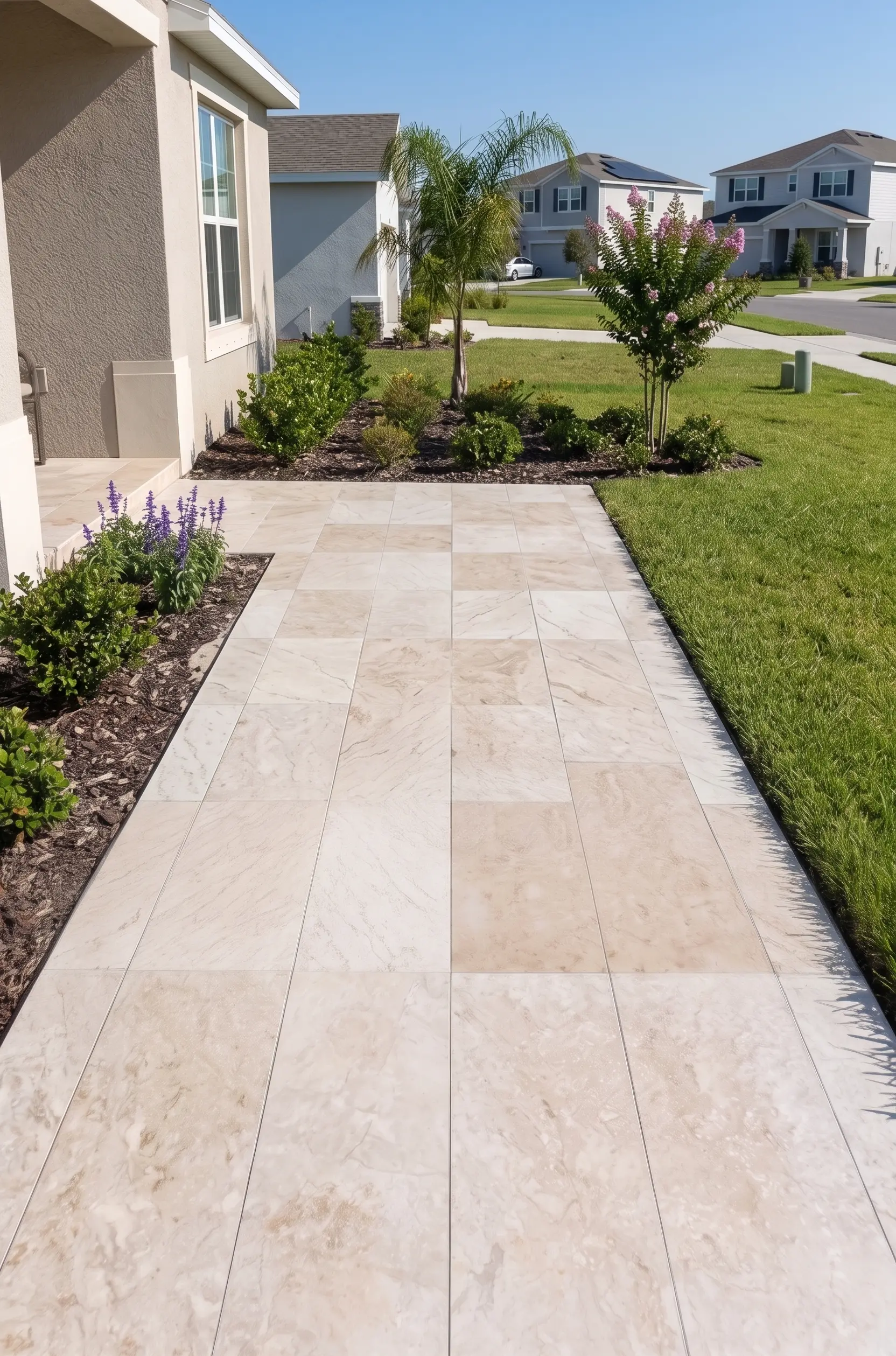 Modern walkway with beige travertine tiles Beige travertine pavers leading to a modern home's entrance and manicured lawn.
