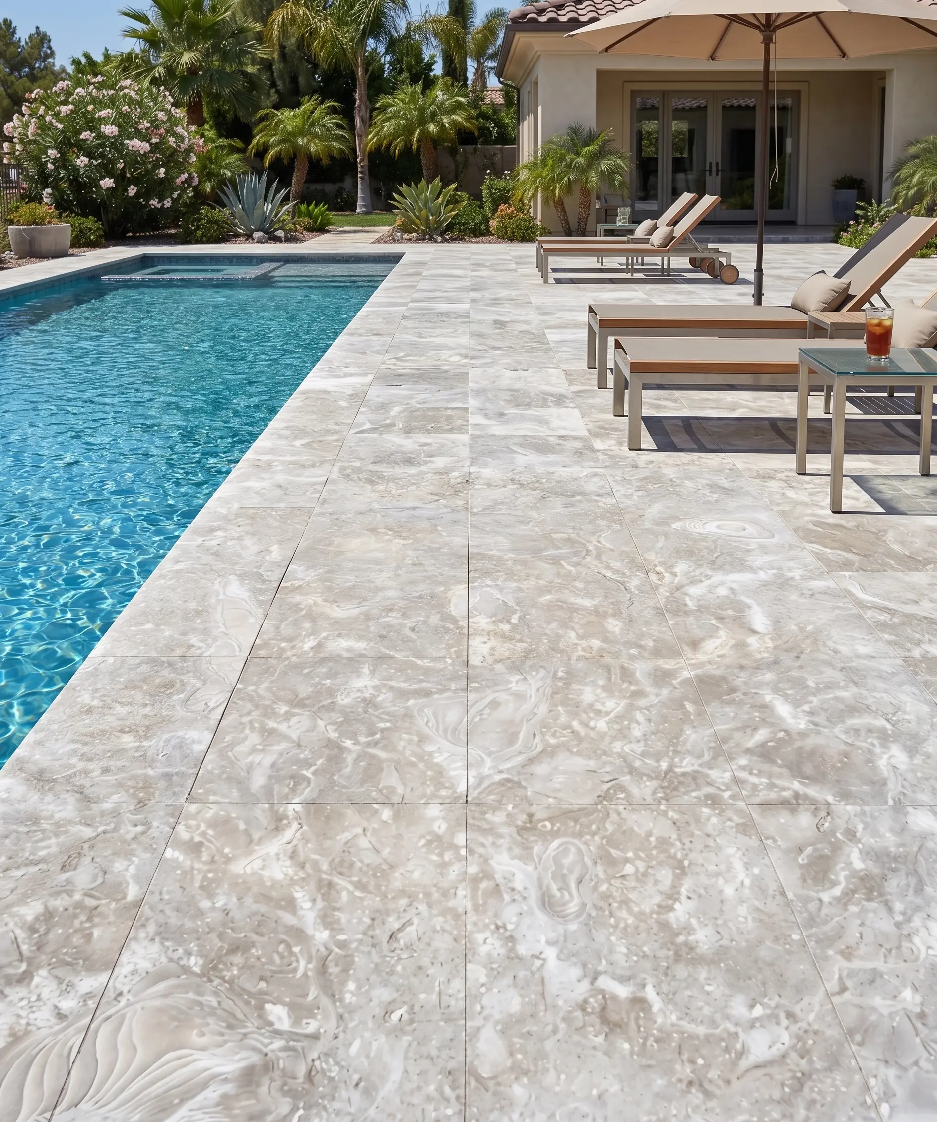 Elegant travertine pavers create a luxurious pool deck with lounge chairs and umbrellas, a reference for Large Travertine Tile.