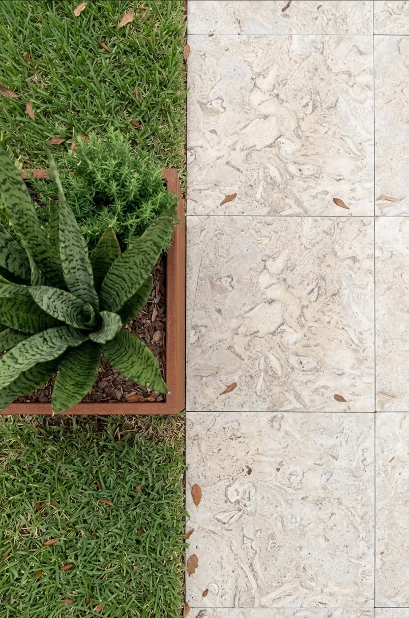 A potted snake plant sits next to a light-colored textured natural stone surface, shown for large format tile shower floor.