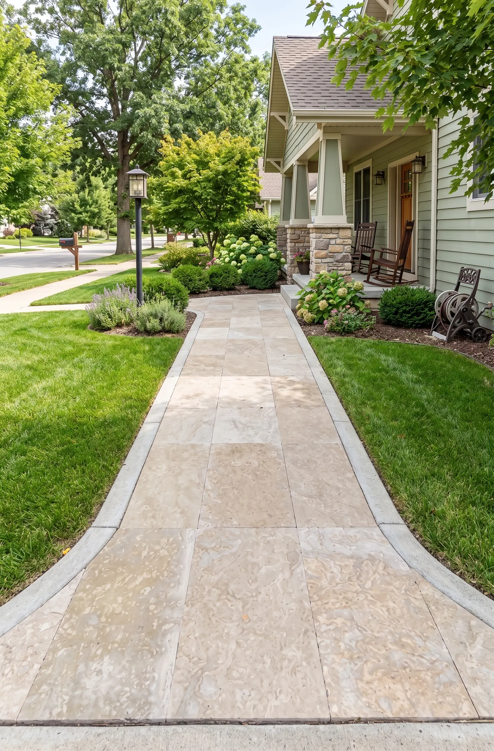 Stone Pathway to a Green House Porch Travertine pavers create a beautiful pathway leading to a charming green house with a porch.