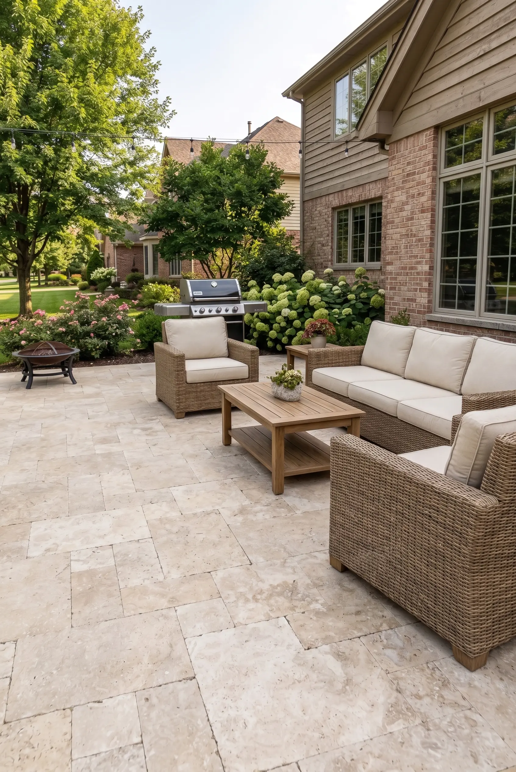 Light travertine pavers create a beautiful patio surface with outdoor seating.