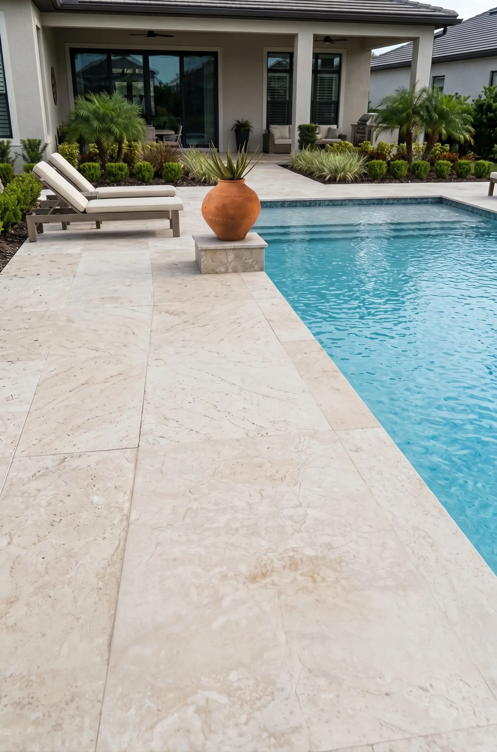 Travertine patio and pool deck Light-colored travertine pool coping surrounds a vibrant blue swimming pool, shown for where to buy travertine pavers.
