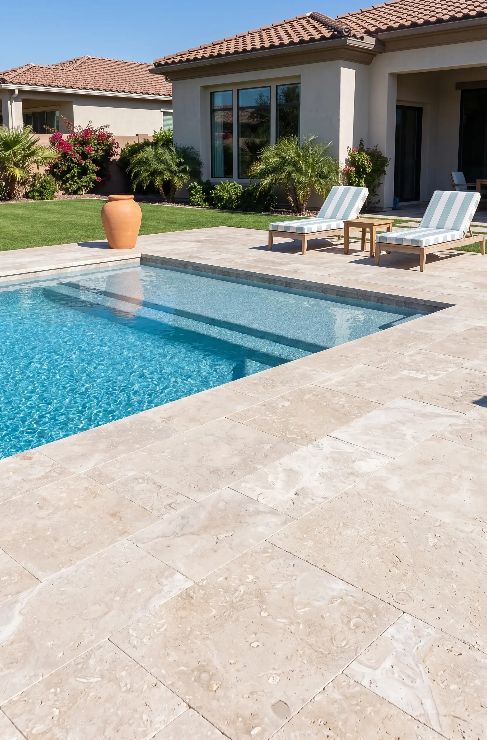 Travertine poolside patio with loungers Close-up texture of travertine pavers surrounding a sparkling blue pool