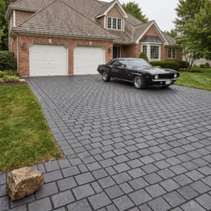 Charcoal grey cobblestone pavers in a basketweave pattern on a driveway with a classic car