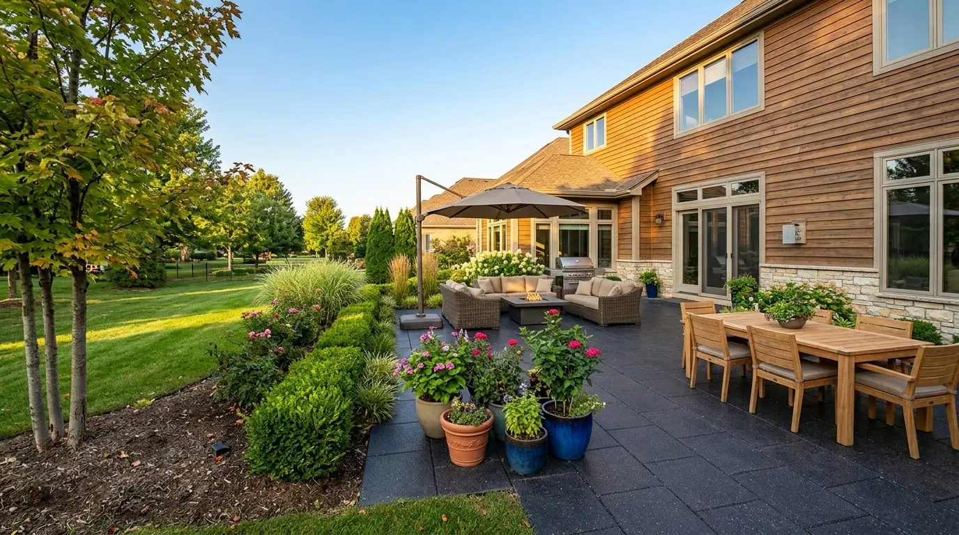 Backyard patio with outdoor furniture A patio with a basalt stepping stone path leading to outdoor seating and dining areas.