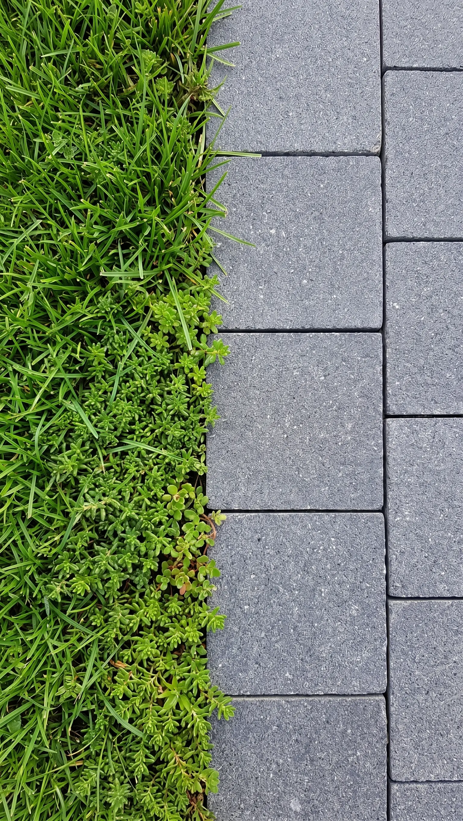 Basalt Pavers Bordering Lush Green Grass Grey basalt hexagon tile edges meeting lush green grass and ground cover
