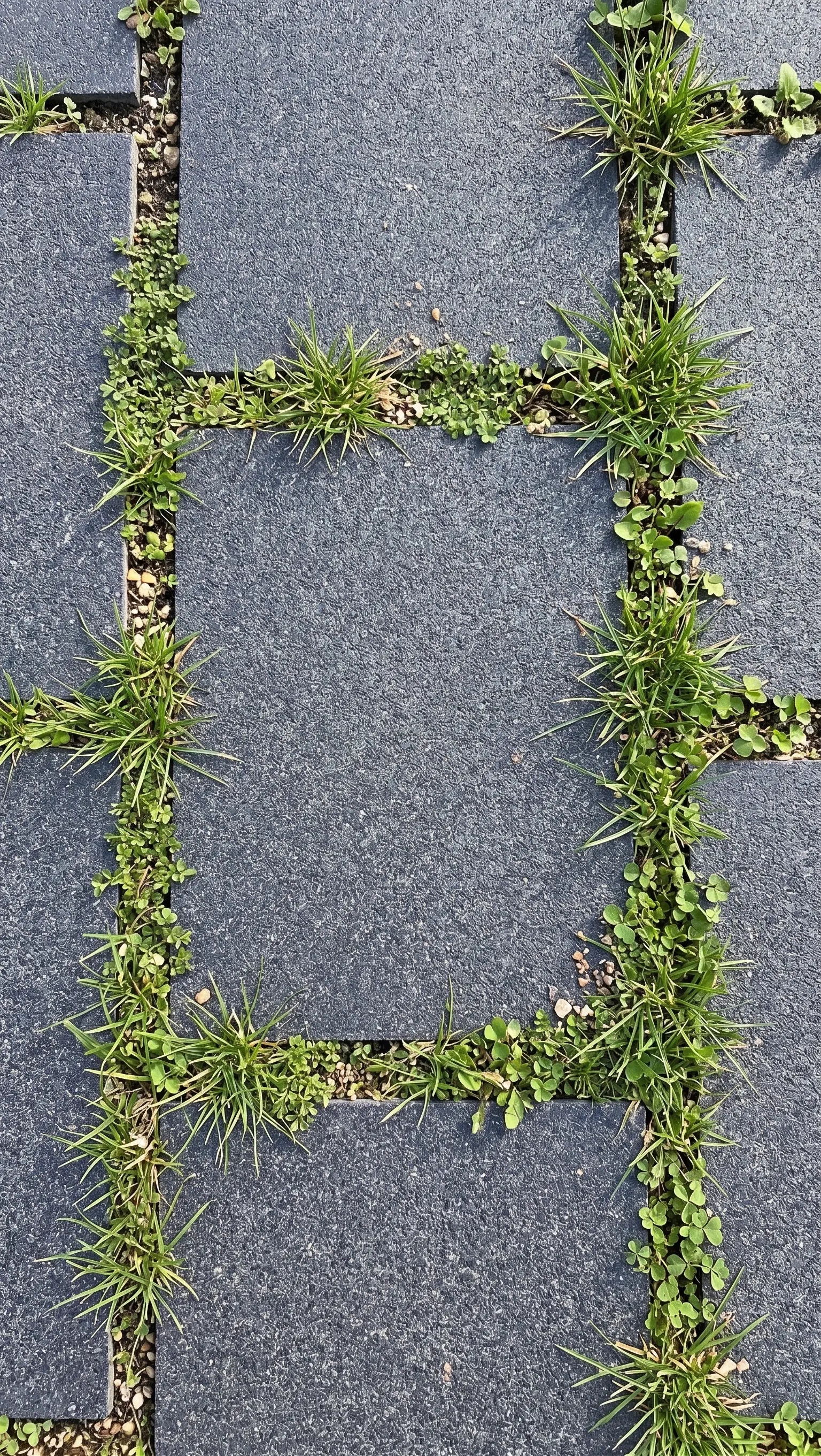Close-up of dark basalt hexagon tiles with grass growing between them.