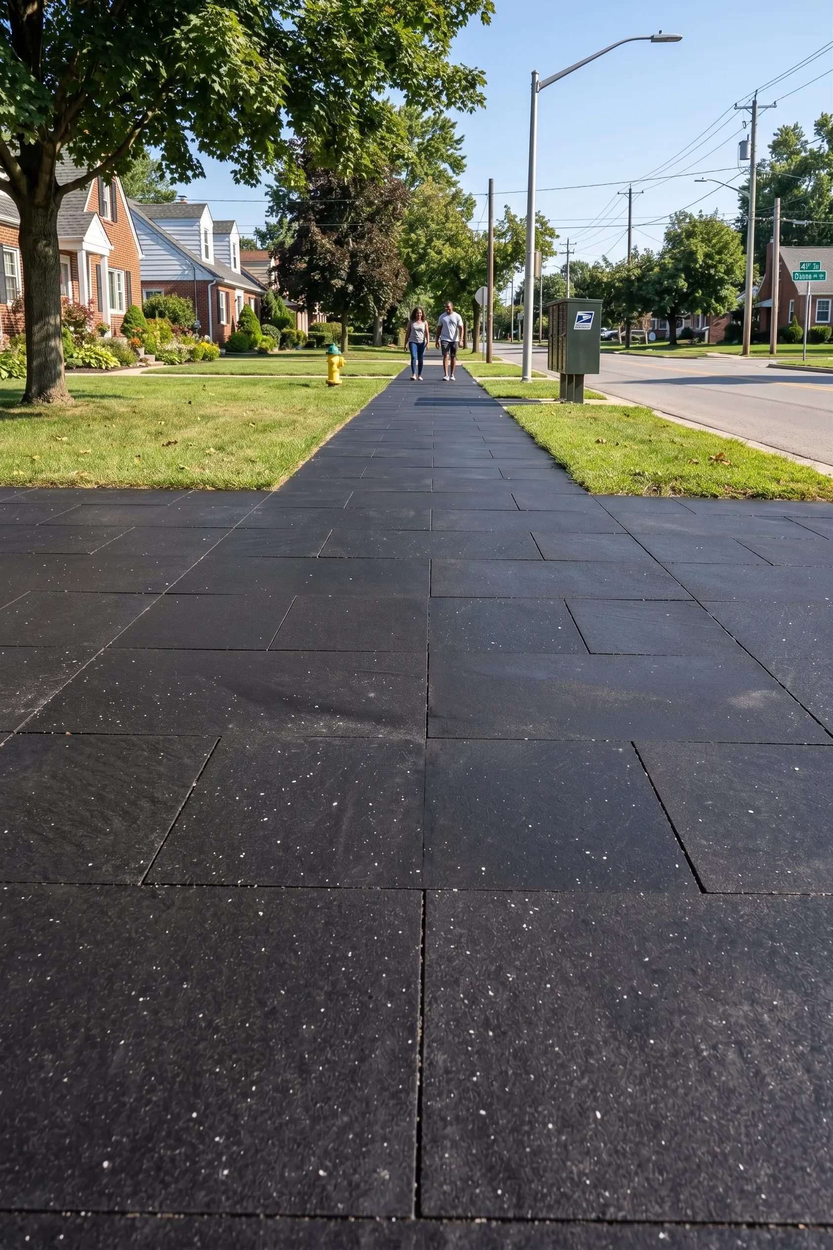 Black rubber tiles with white flecks form a sidewalk in front of a suburban street.
