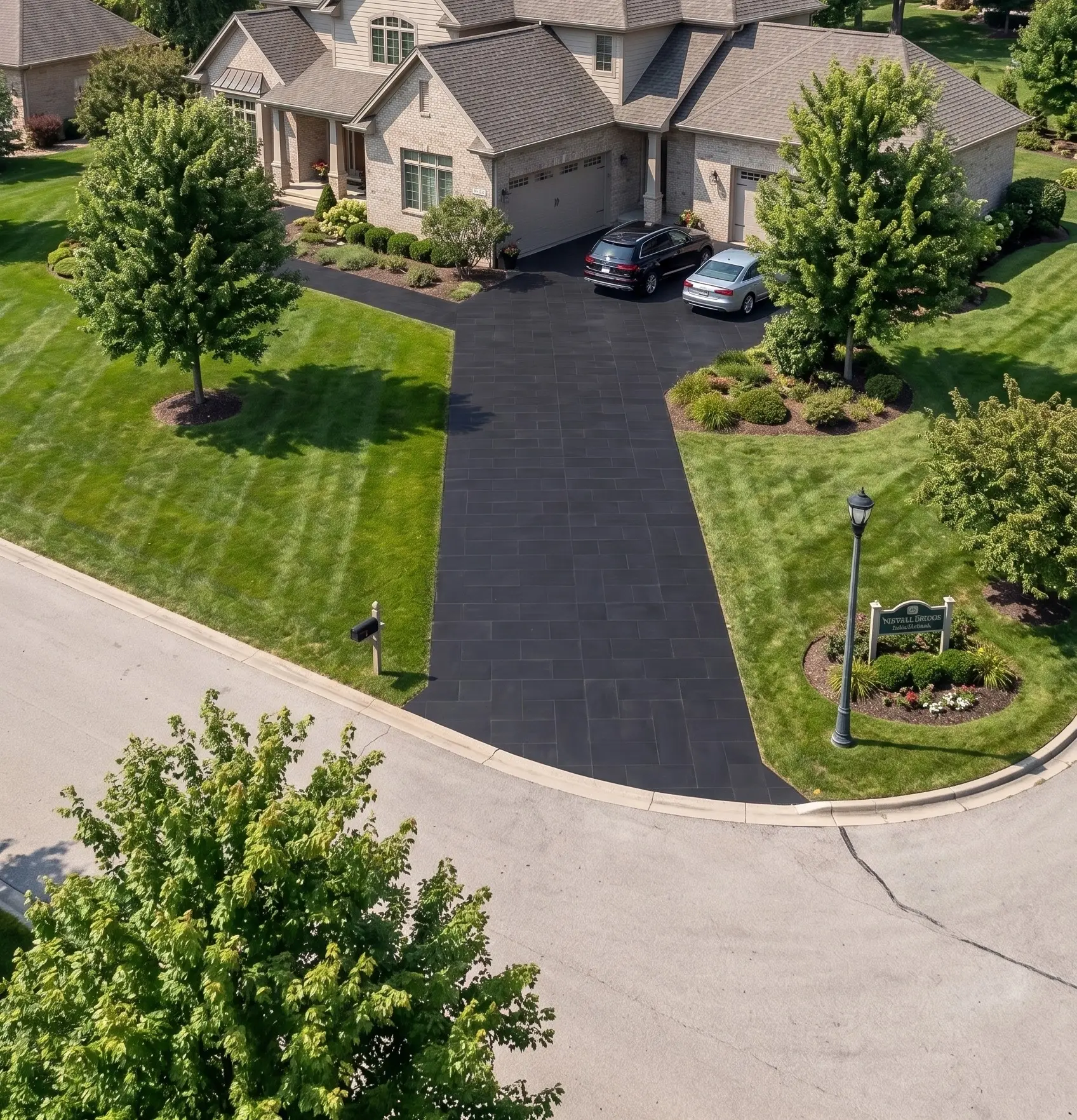 Dark charcoal stone pavers form a driveway leading to a large modern house.