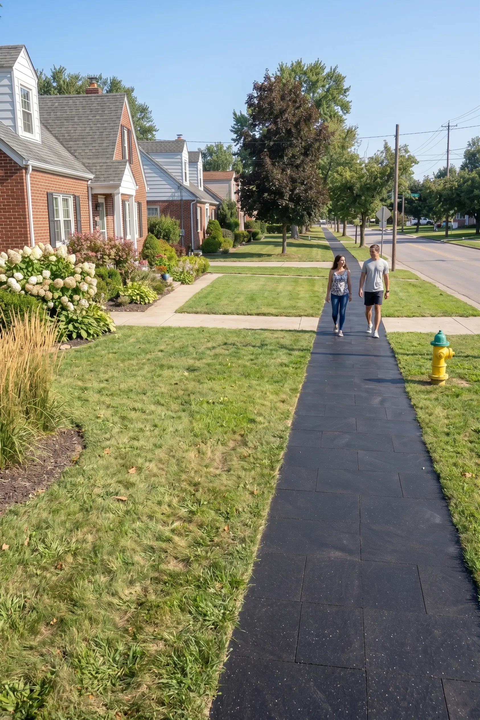 Couple walks along suburban sidewalk A man and woman walk side-by-side on a dark gray tiled sidewalk next to a manicured lawn and houses.