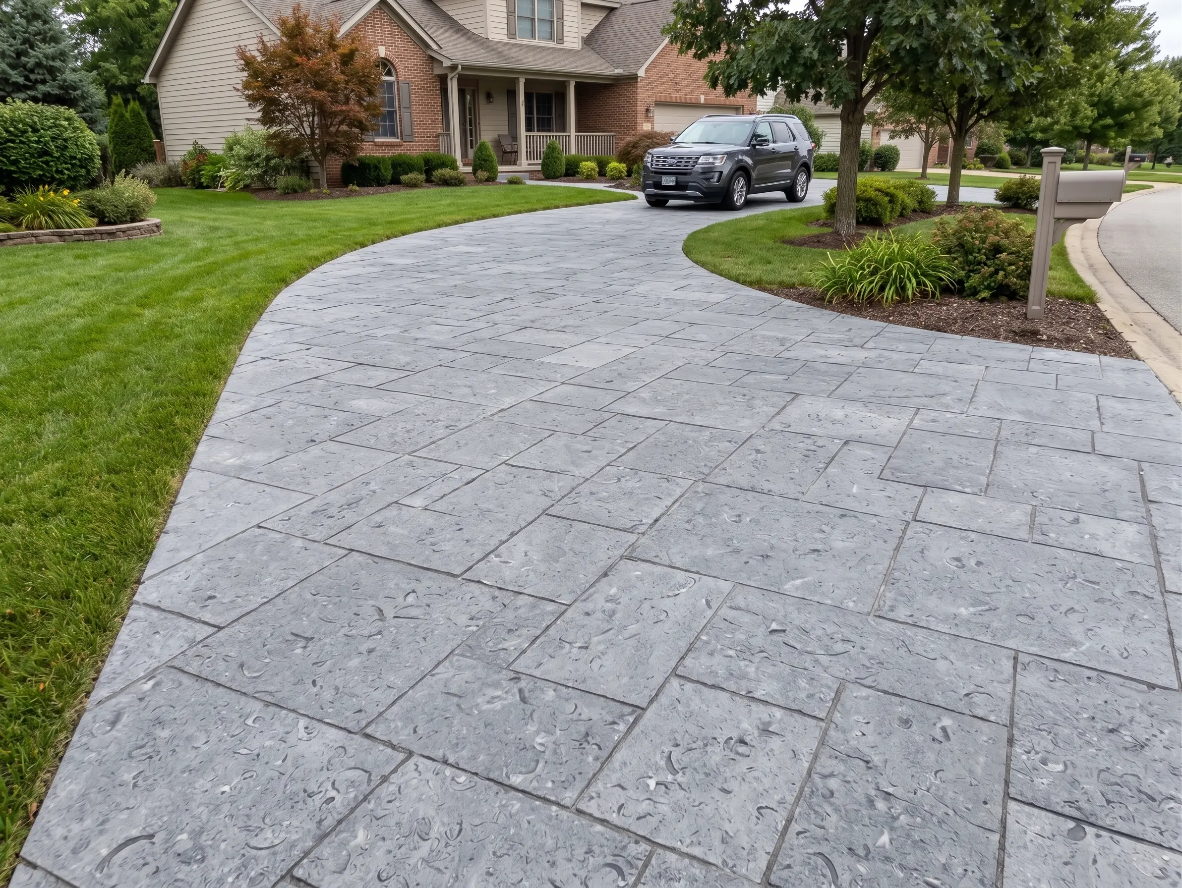Gray stamped pavers form a curving driveway adjacent to a neatly manicured lawn.
