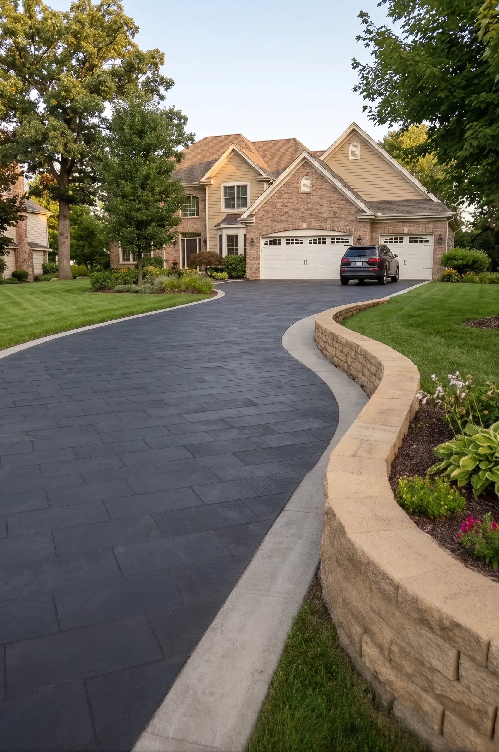 Curving Driveway with Stone Retaining Wall Dark stone pavers define a curving driveway next to a stone retaining wall