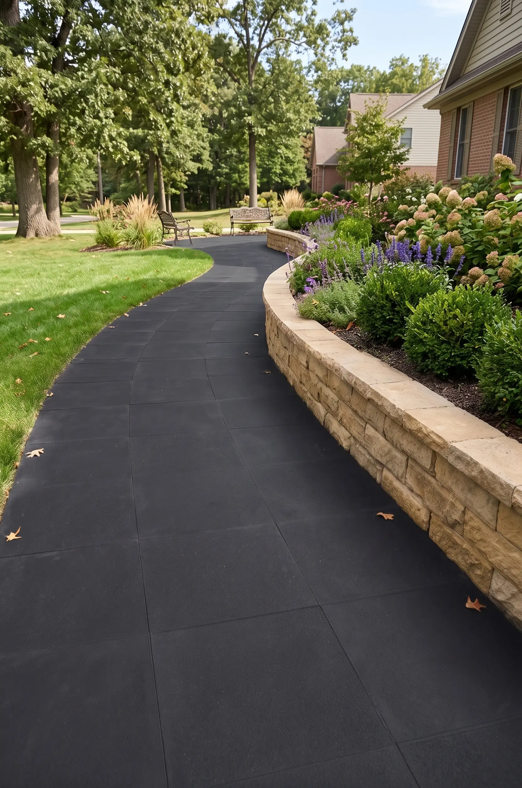 A dark curving pathway borders a raised garden bed constructed with natural stone blocks.