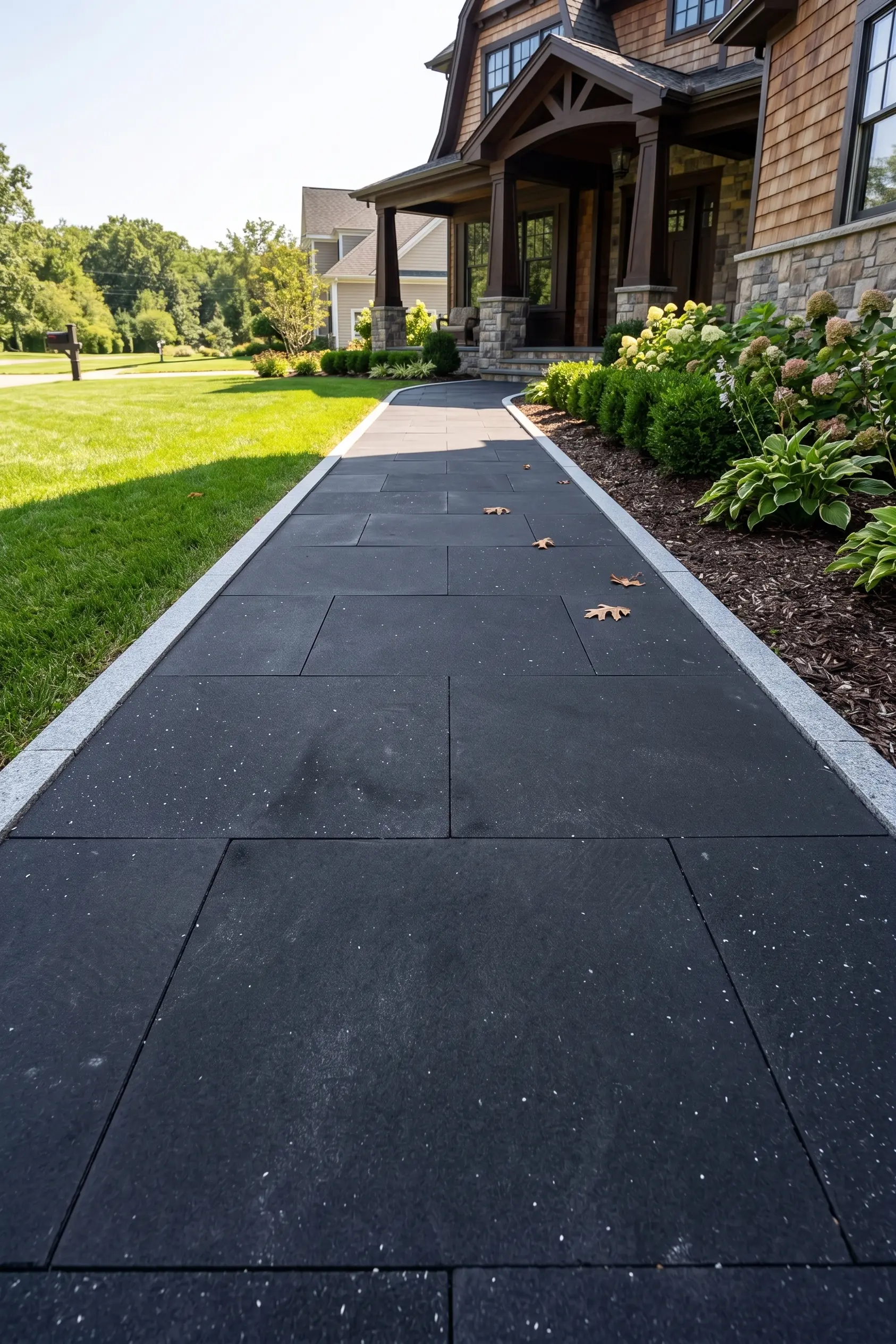Dark Pavers Path to Modern Home Dark basalt hexagon tile path leading to a modern home's entryway.
