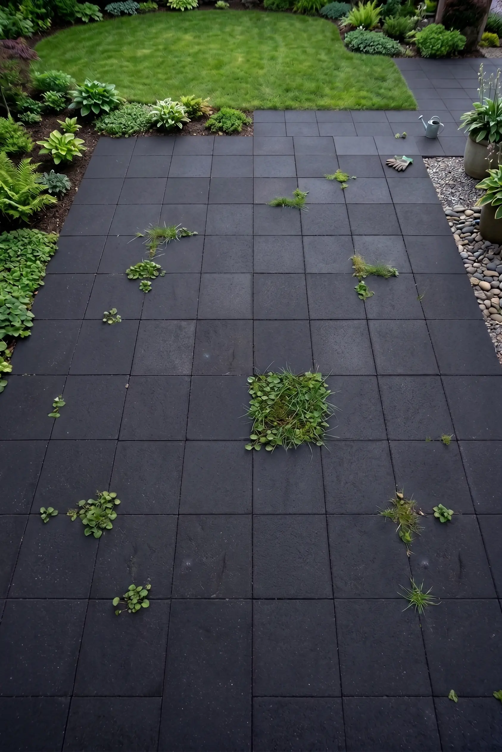 Dark Paving Stones with Grass Growth Dark basalt paving stones with patches of green grass growing through the joints.