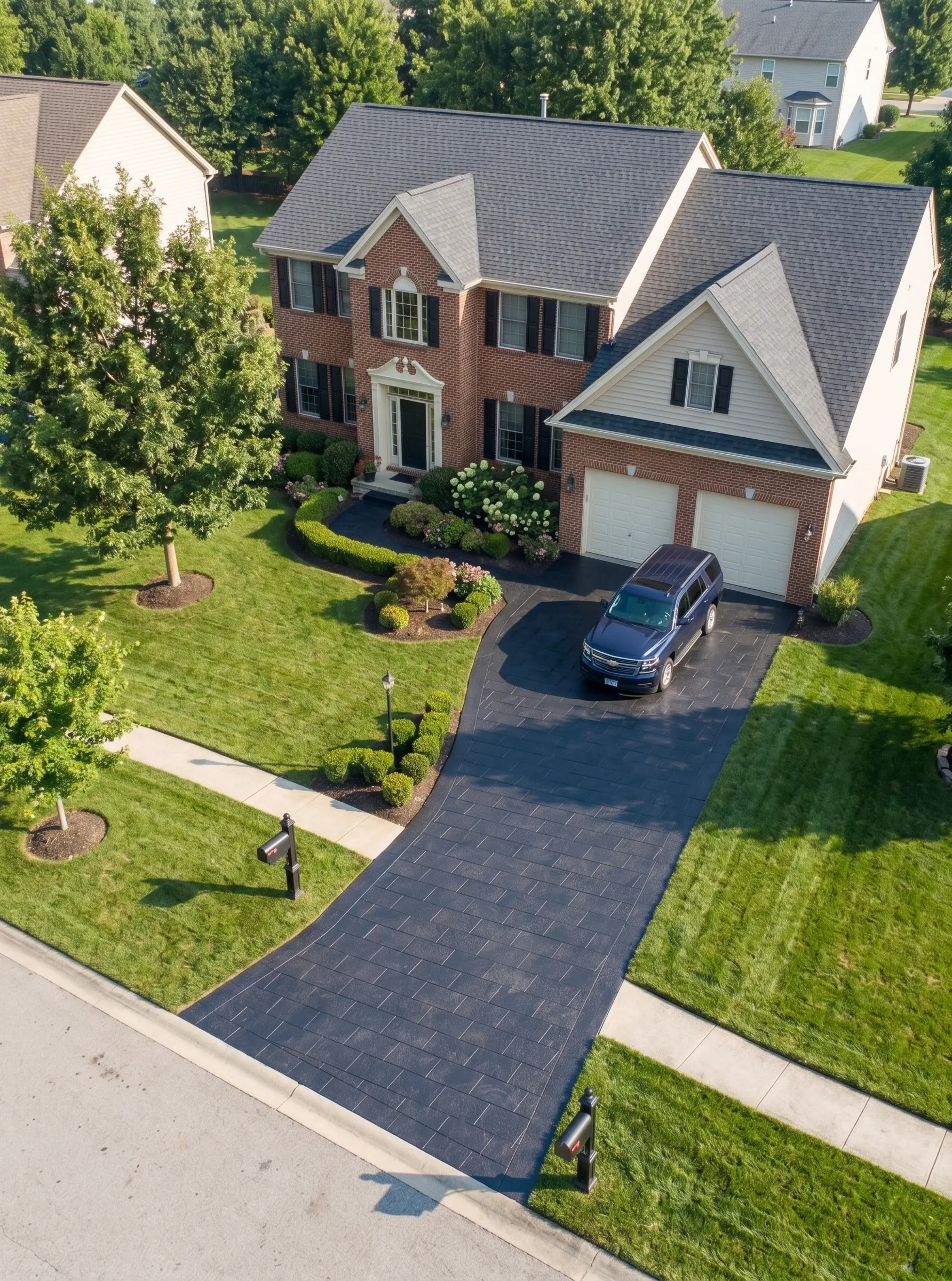 A dark stamped concrete driveway with a blue SUV parked in front of a brick house