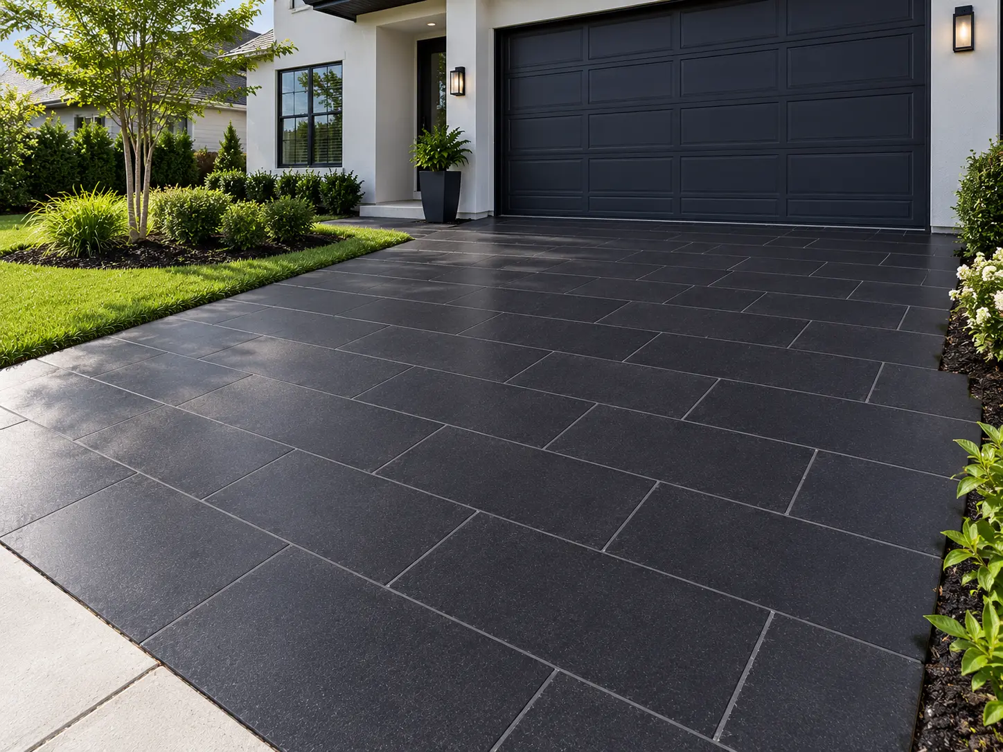 Dark Stone Paving in Front of Garage Large format dark cobblestone pavers arranged on a driveway surface in front of a garage.
