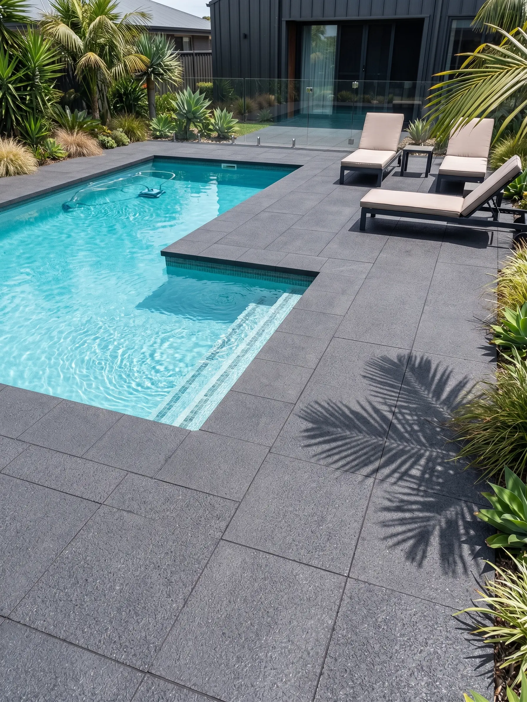 Dark gray speckled basalt tile patio next to a bright blue swimming pool.