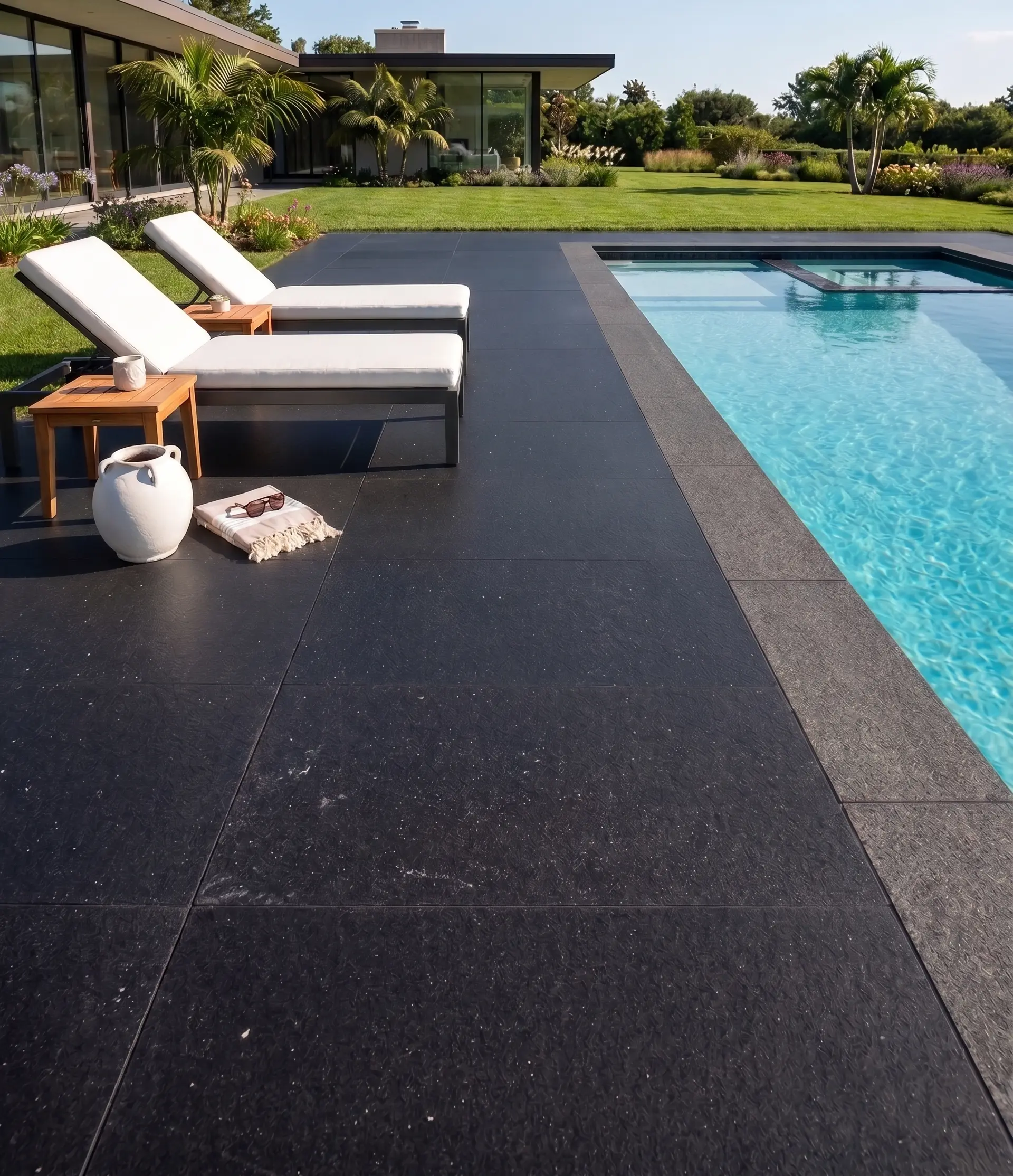 Dark basalt slab patio tiles surround a bright blue swimming pool.