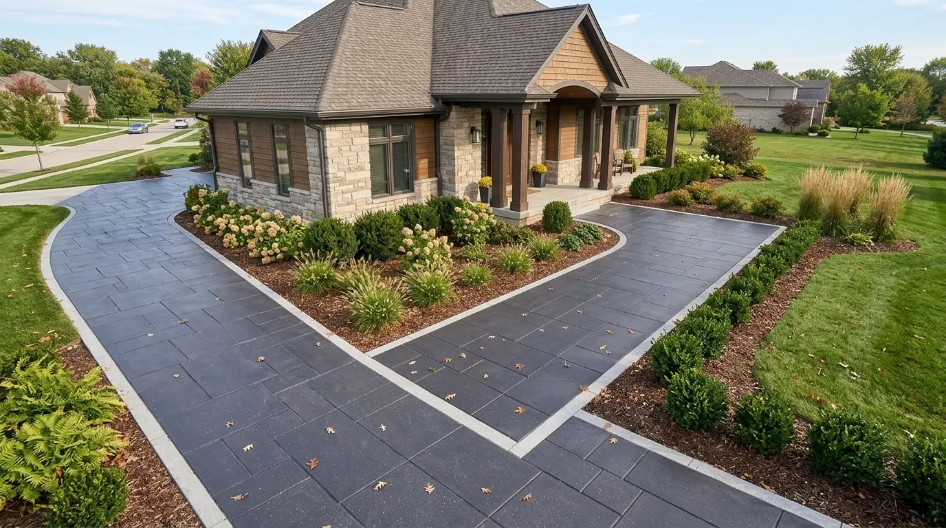 Dark stone driveway with concrete borders leading to a house entrance.