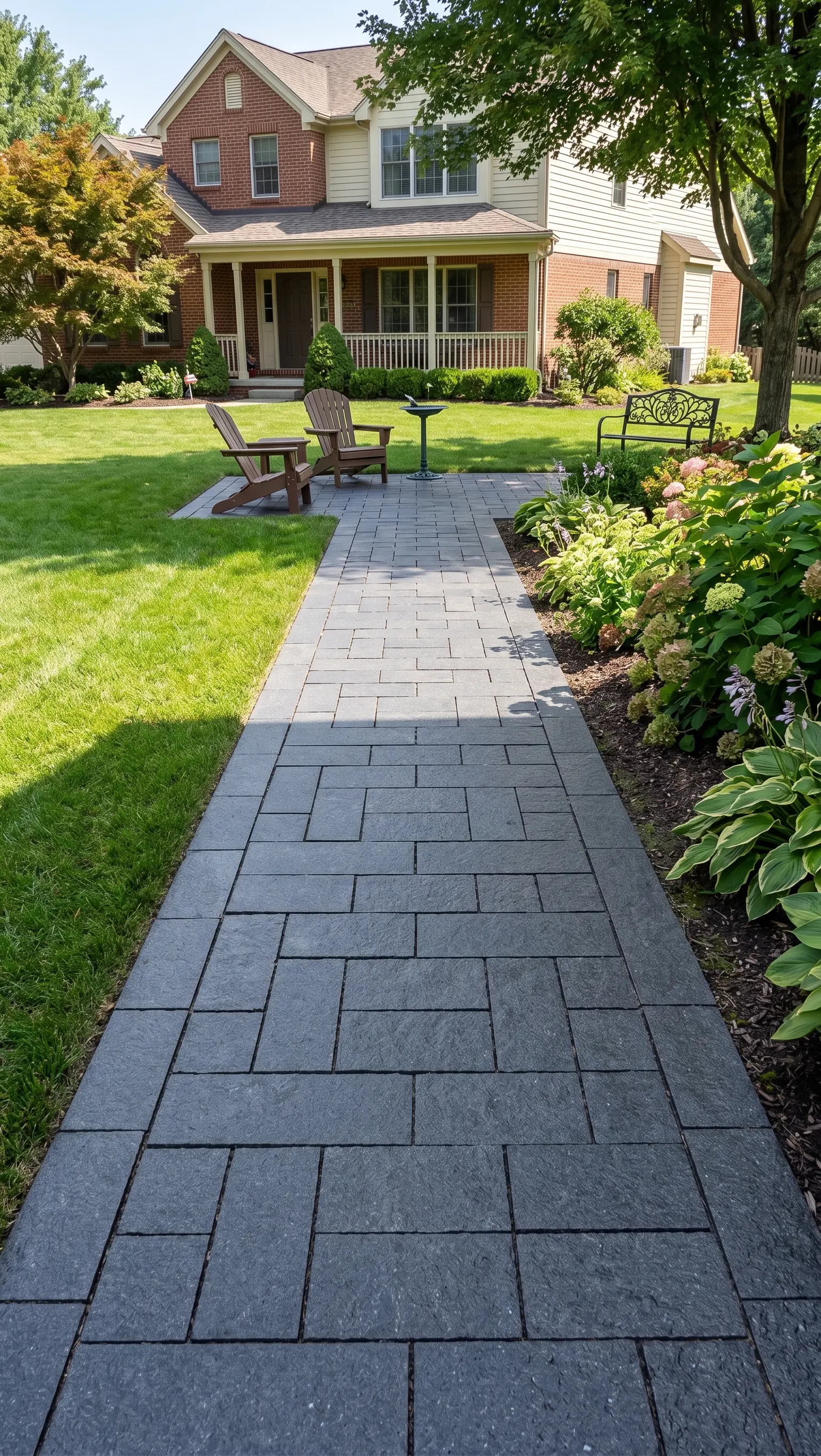 Gray Stone Paver Pathway to House A pathway of gray granite pavers leads toward a brick house and garden.