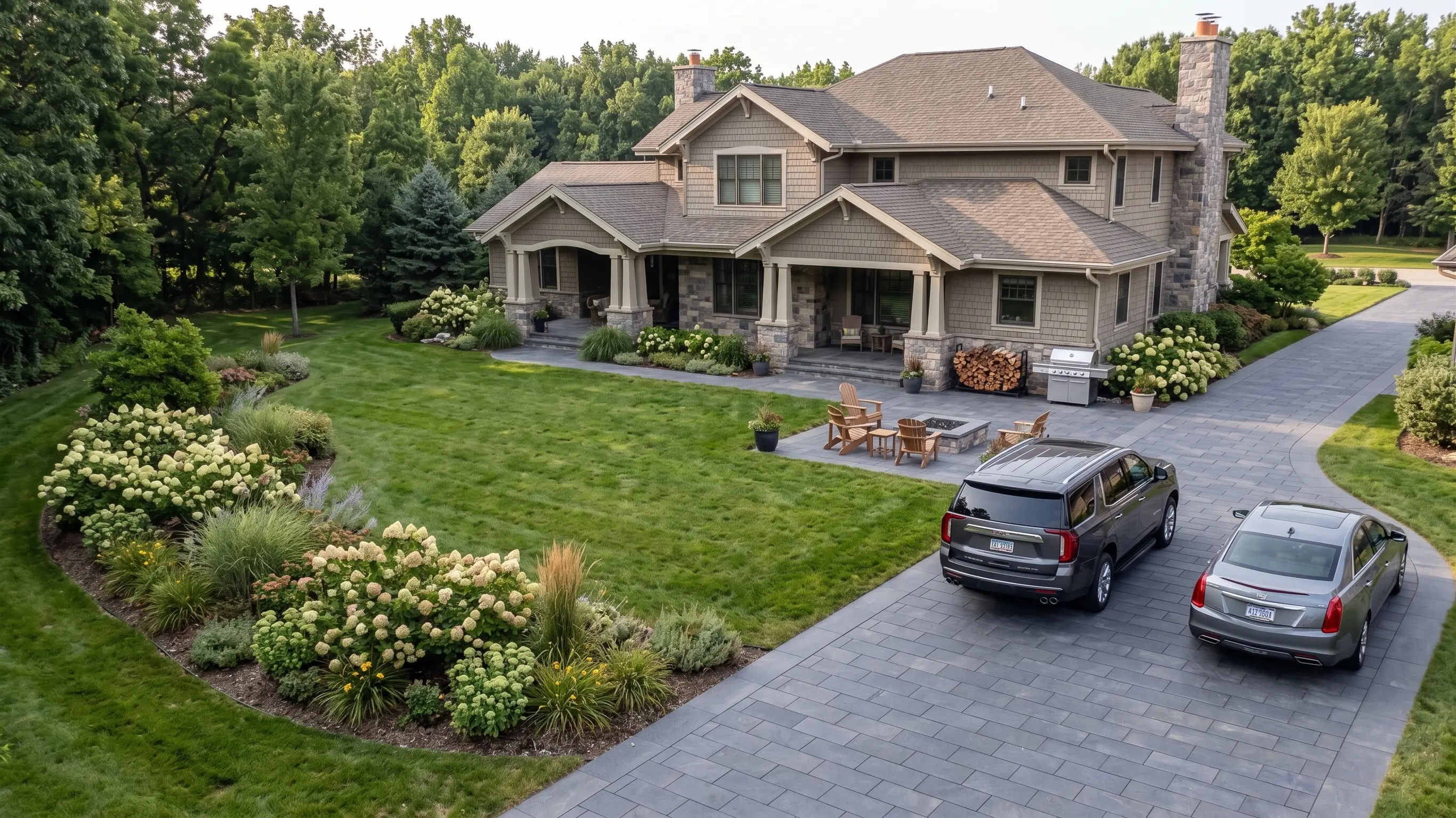 Luxury Home with Stone and Landscaping Luxury home with stone accents, manicured lawn, and lush landscaping features.