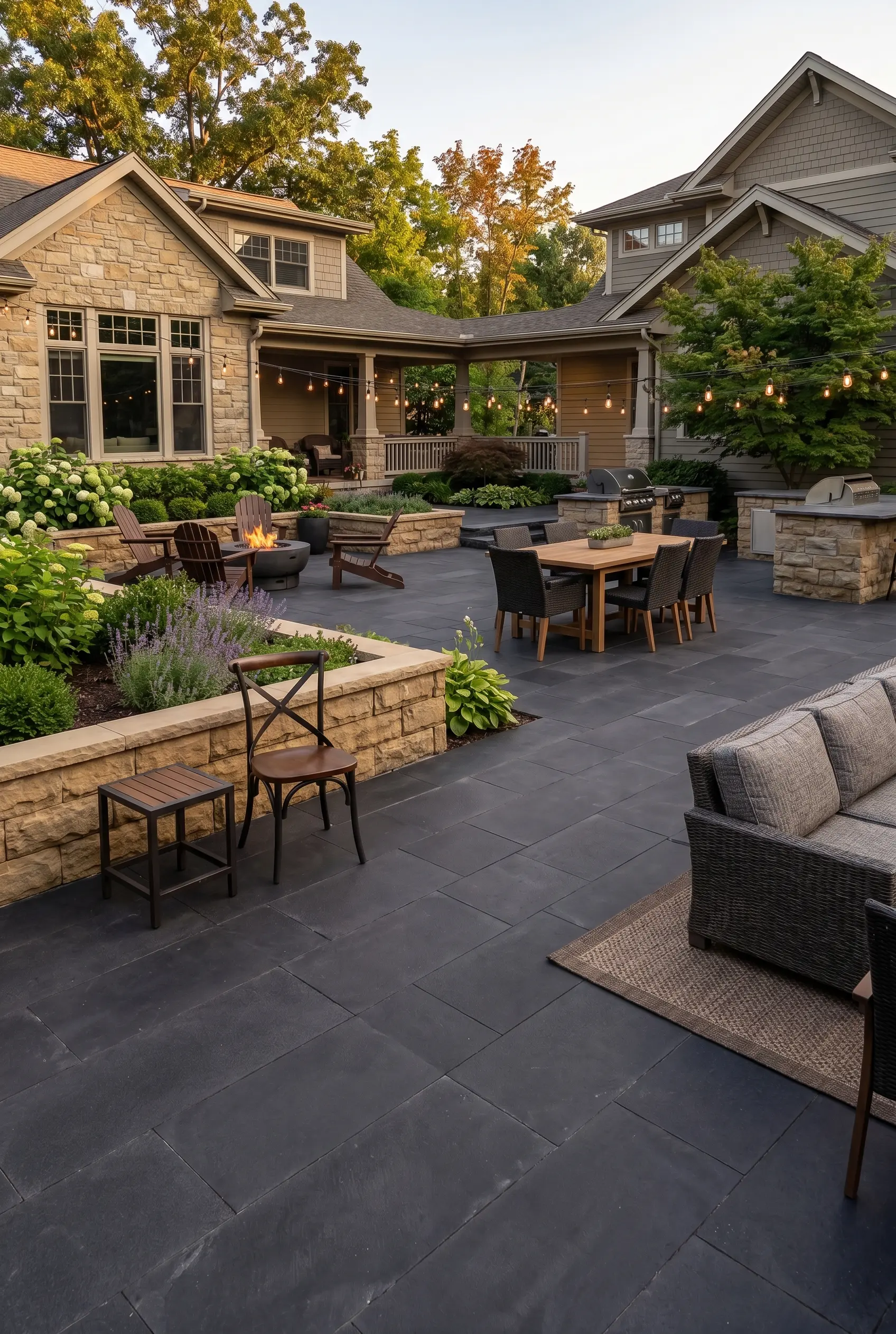 A spacious outdoor patio with dark pavers, featuring a fire pit and dining set.
