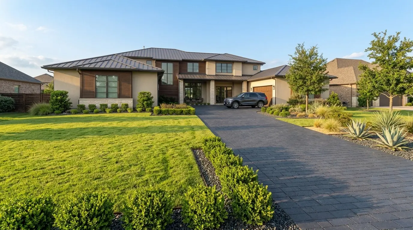 A dark, paver stone driveway leads to a modern house with manicured green lawn and landscaping.