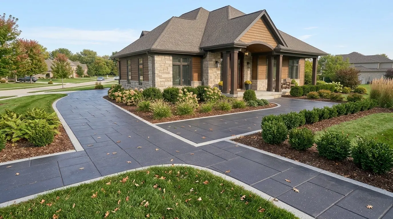Black cobblestone installation creates a curved walkway leading to a home.