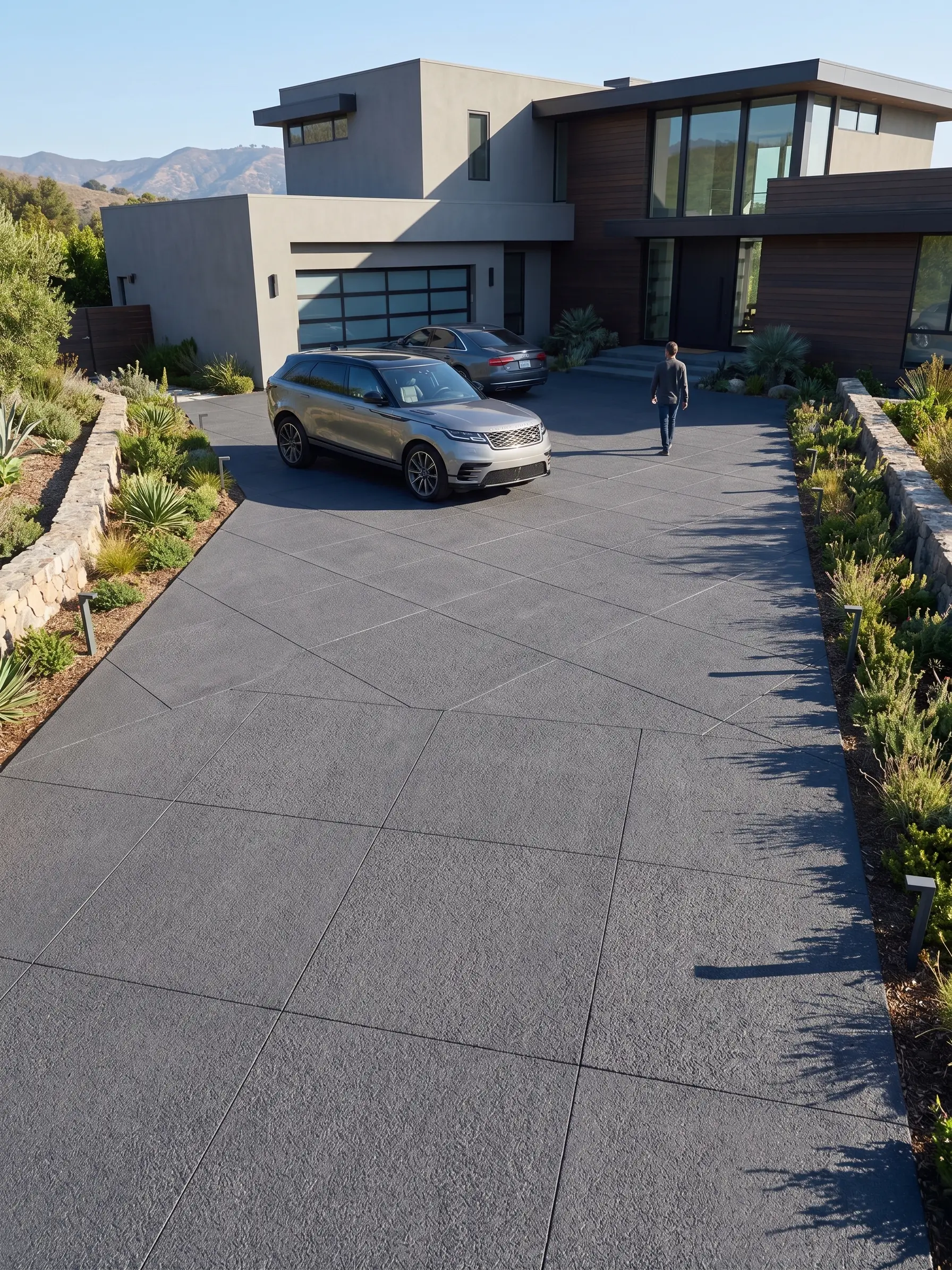 A modern home's driveway features large, dark basalt pavers with a textured surface.