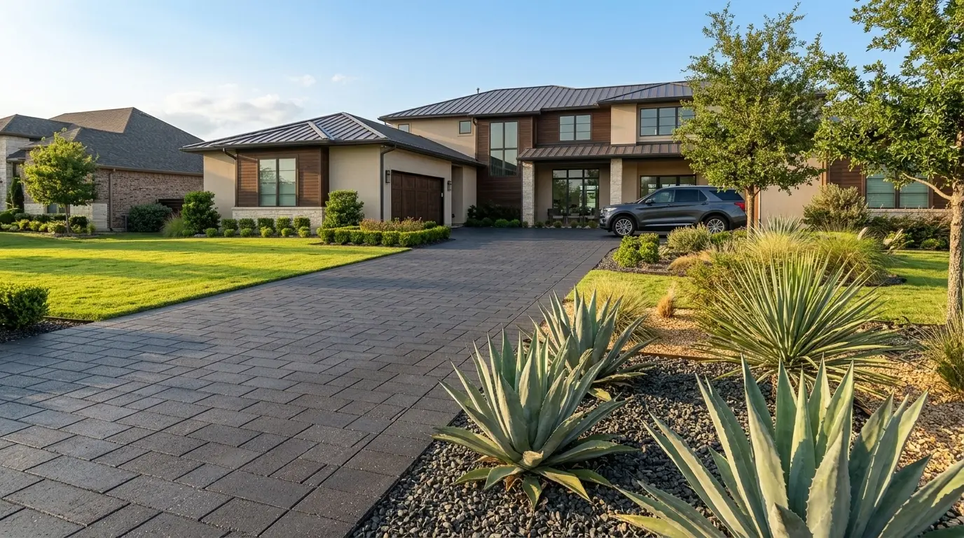 A dark grey basalt driveway surface leads to a contemporary home with landscaping.