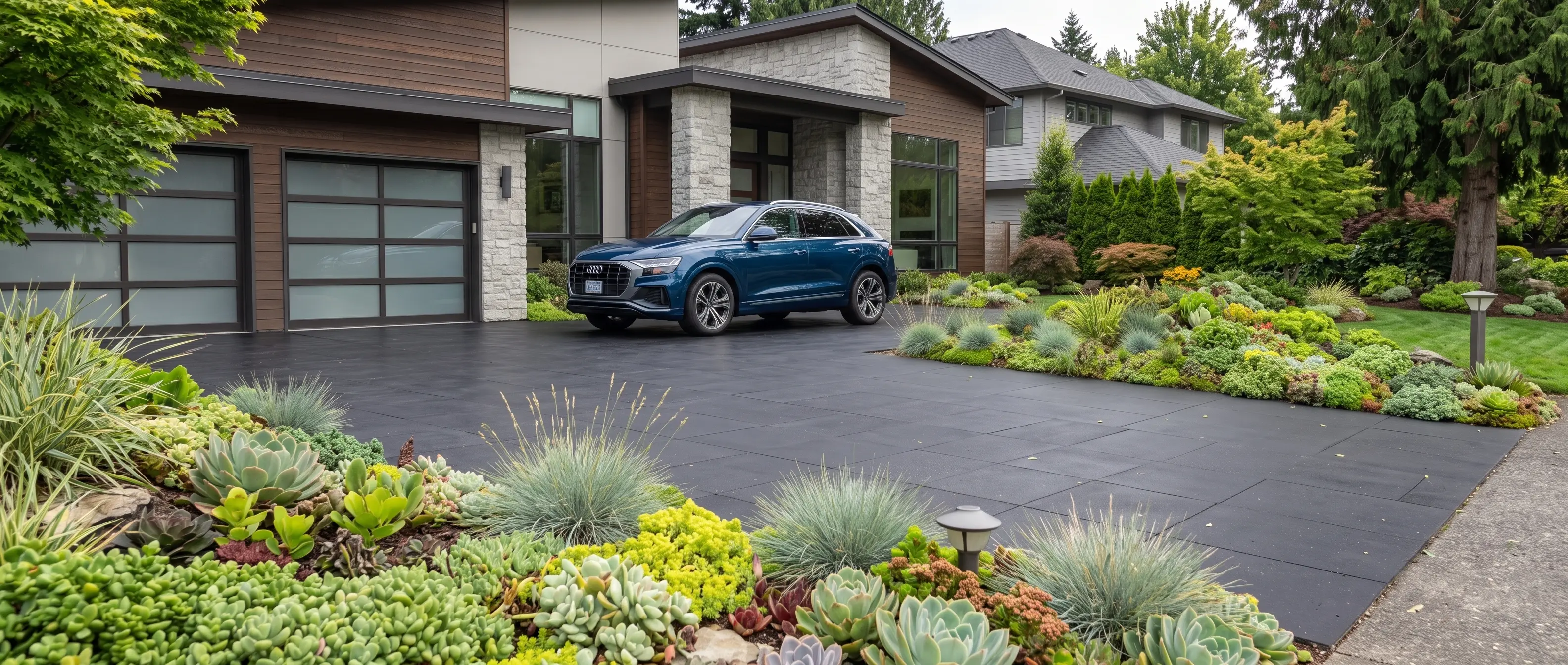 A blue Audi SUV parked on a dark driveway with a modern home and colorful succulent landscaping.