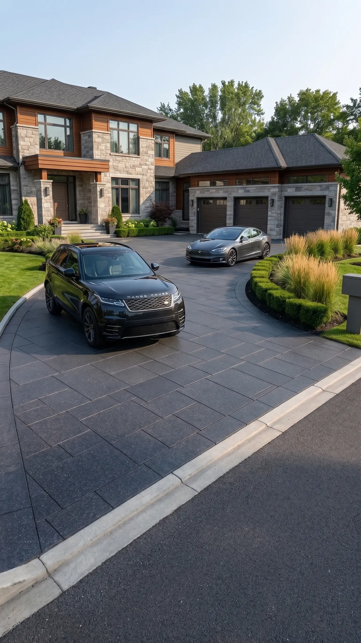Dark basalt pavers on a driveway next to a modern home with luxury cars.