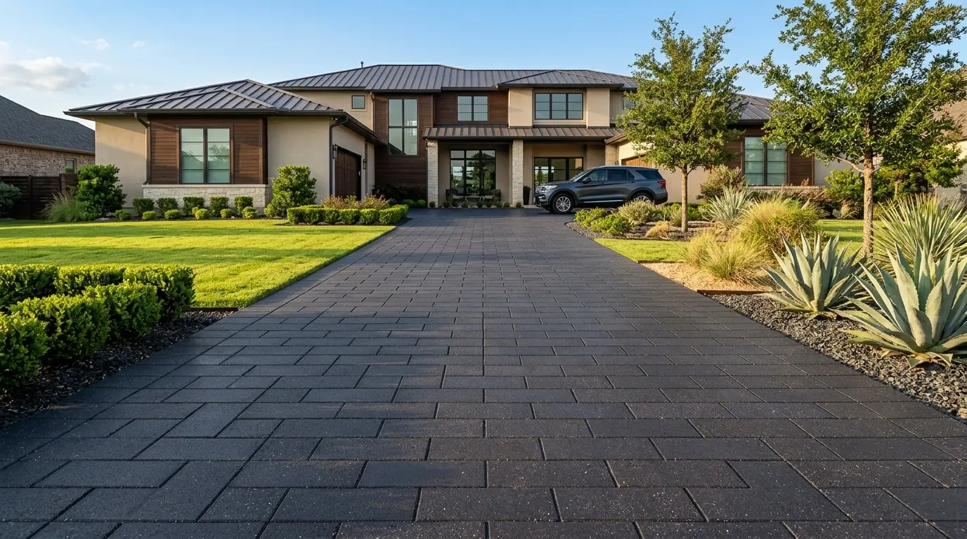 A modern home with a long driveway paved with dark basalt tiles.